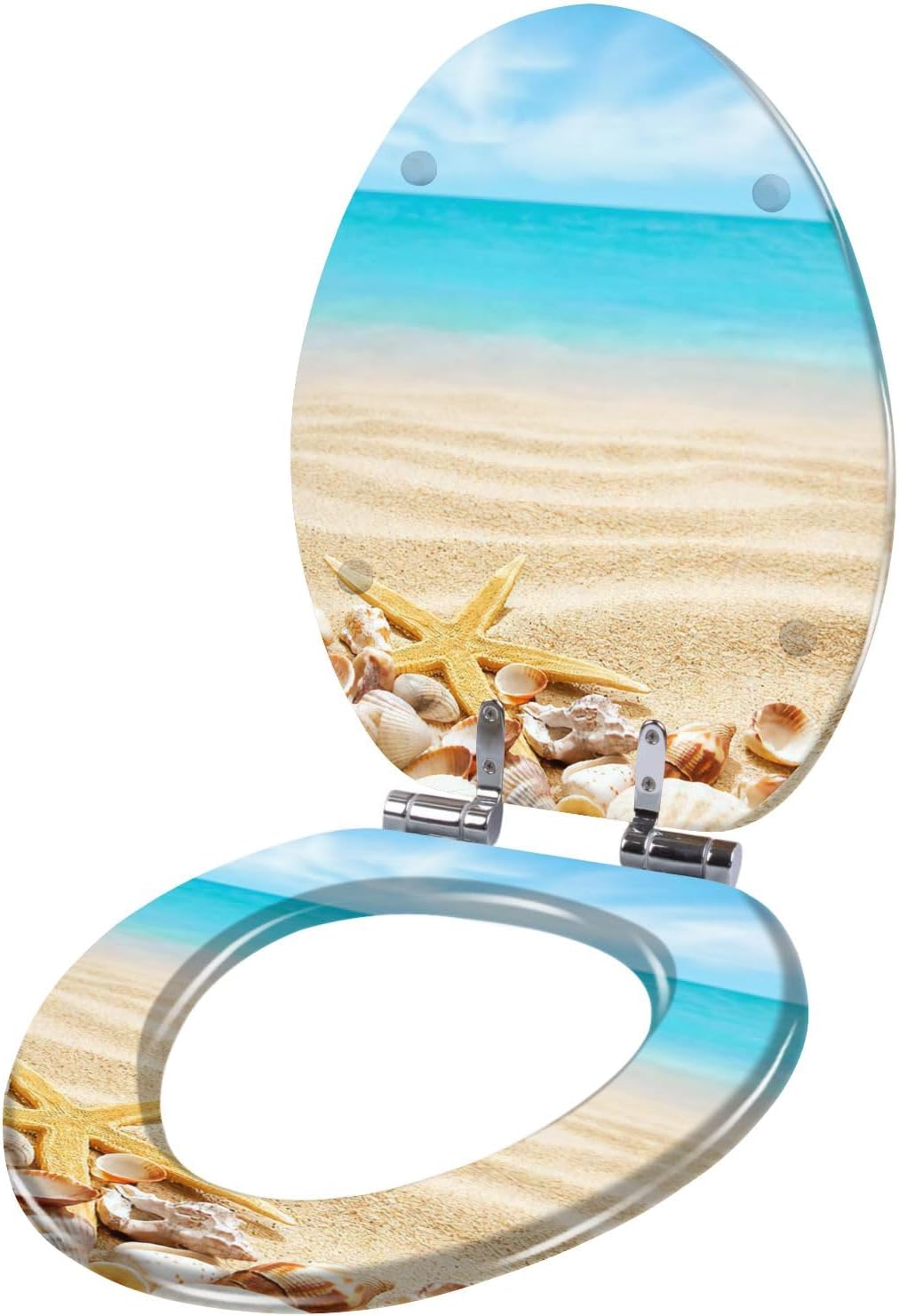 Elongated Toilet Seat Seashells sands a beach Resin Toilet Seat with Quietly Close Quick Release Hinges Decorative Toilet Seat with Cover Easy to Clean and Install Ocean Beach Theme Decor