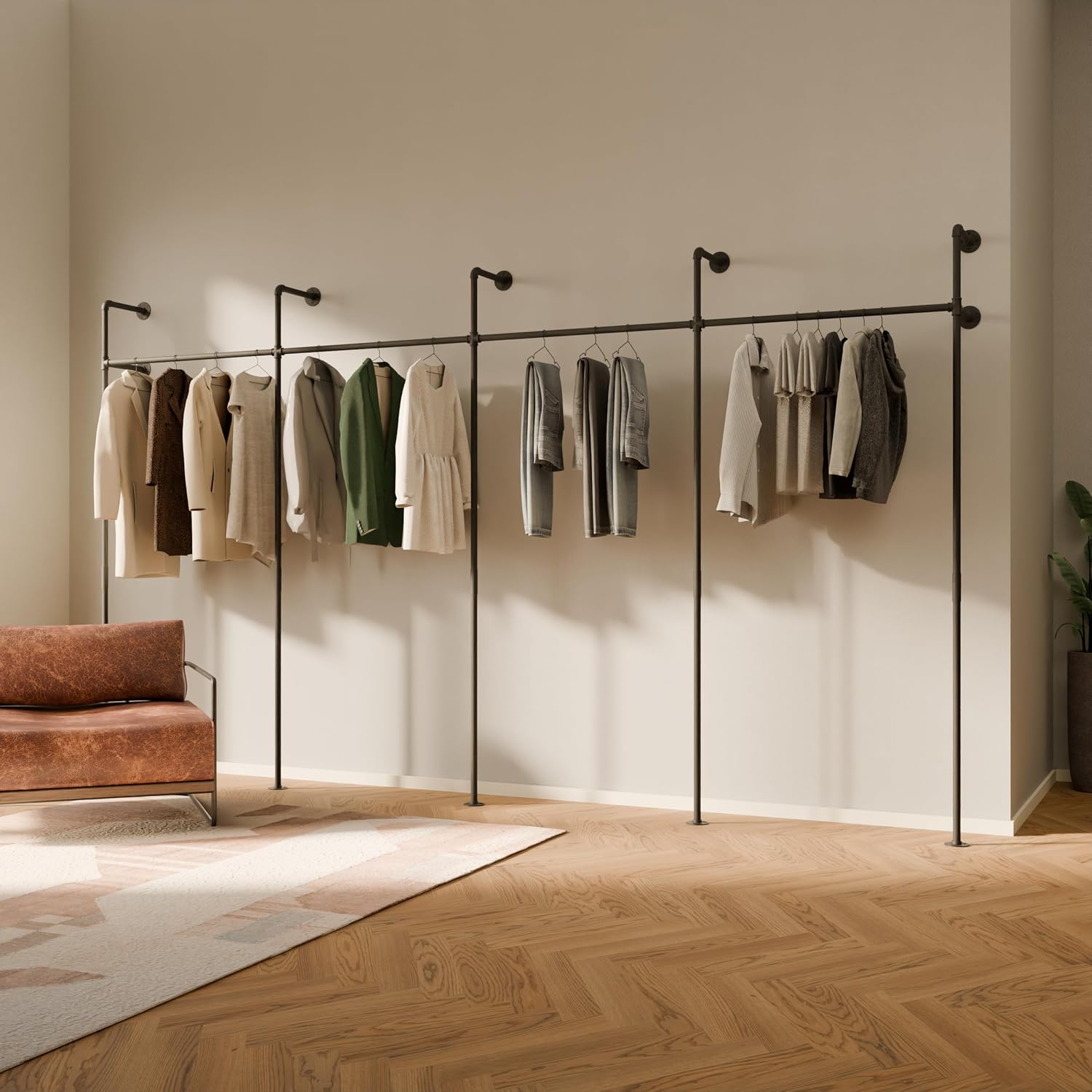 pamo Industrial Pipe Clothing Rack - 260 lbs Capacity - Wall Mounted Clothes Rack and Walk In Closet for Wardrobe