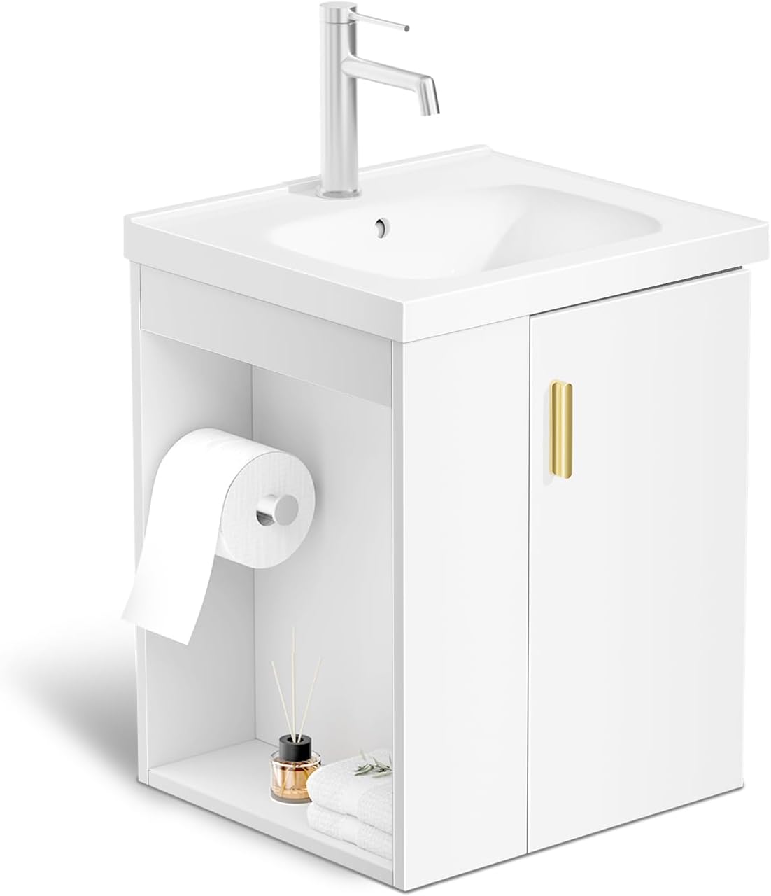 phiestina 16 Inch Pre-Assembled White Floating Bathroom Vanity for Small Space, Wall-Mounted Cabinet with Ceramic Sink, Soft-Close Door, Left Side Storage, No Faucet, BV04-16-WHITE-PLUS