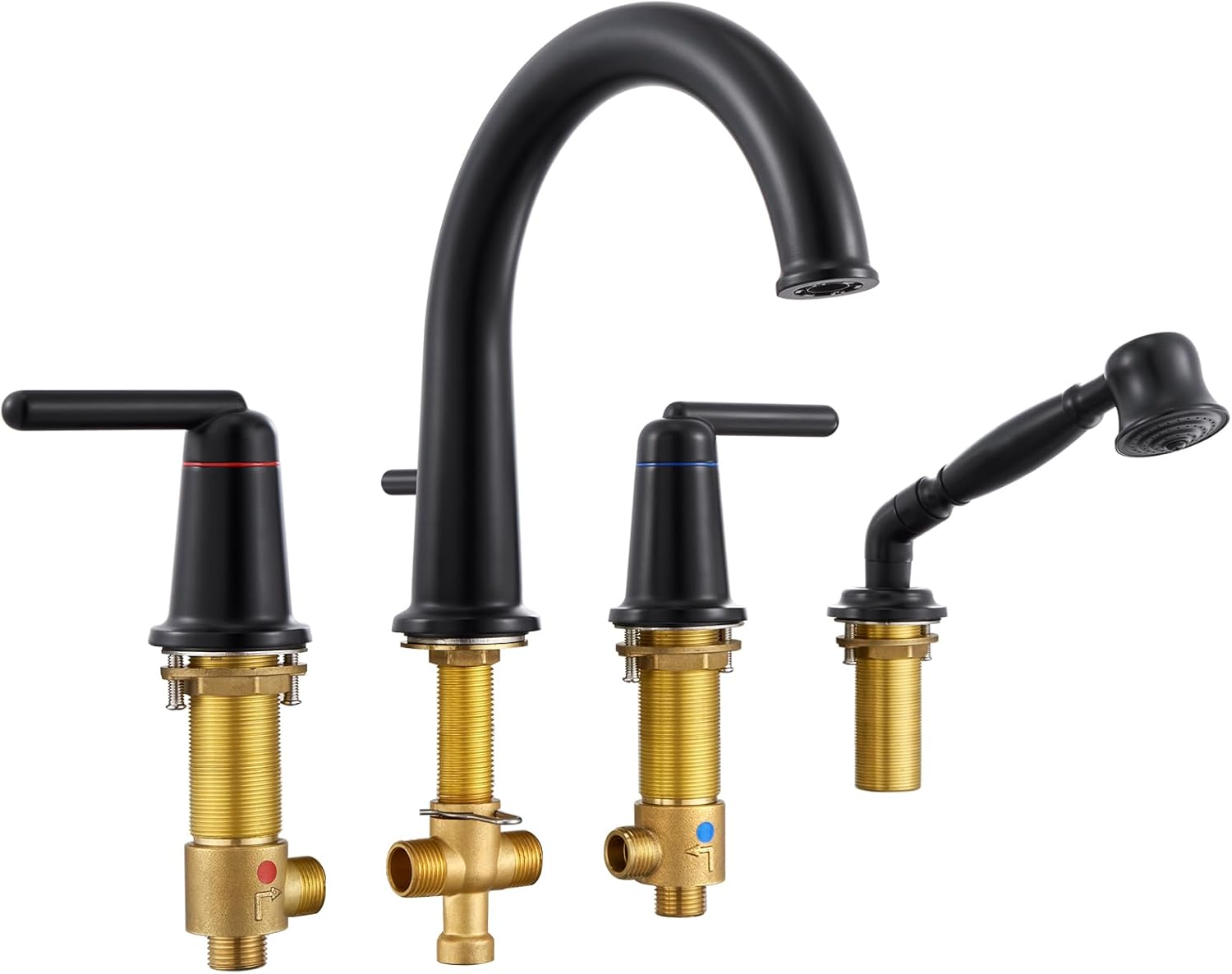 Black & Rose Gold Roman Bathtub Faucet Set with Hand Shower & Brass Valve 5 Hole 3 Handle Widespread Deck Mount Tub Filler Classic Vintage High Arc Gooseneck spout Tub Faucets