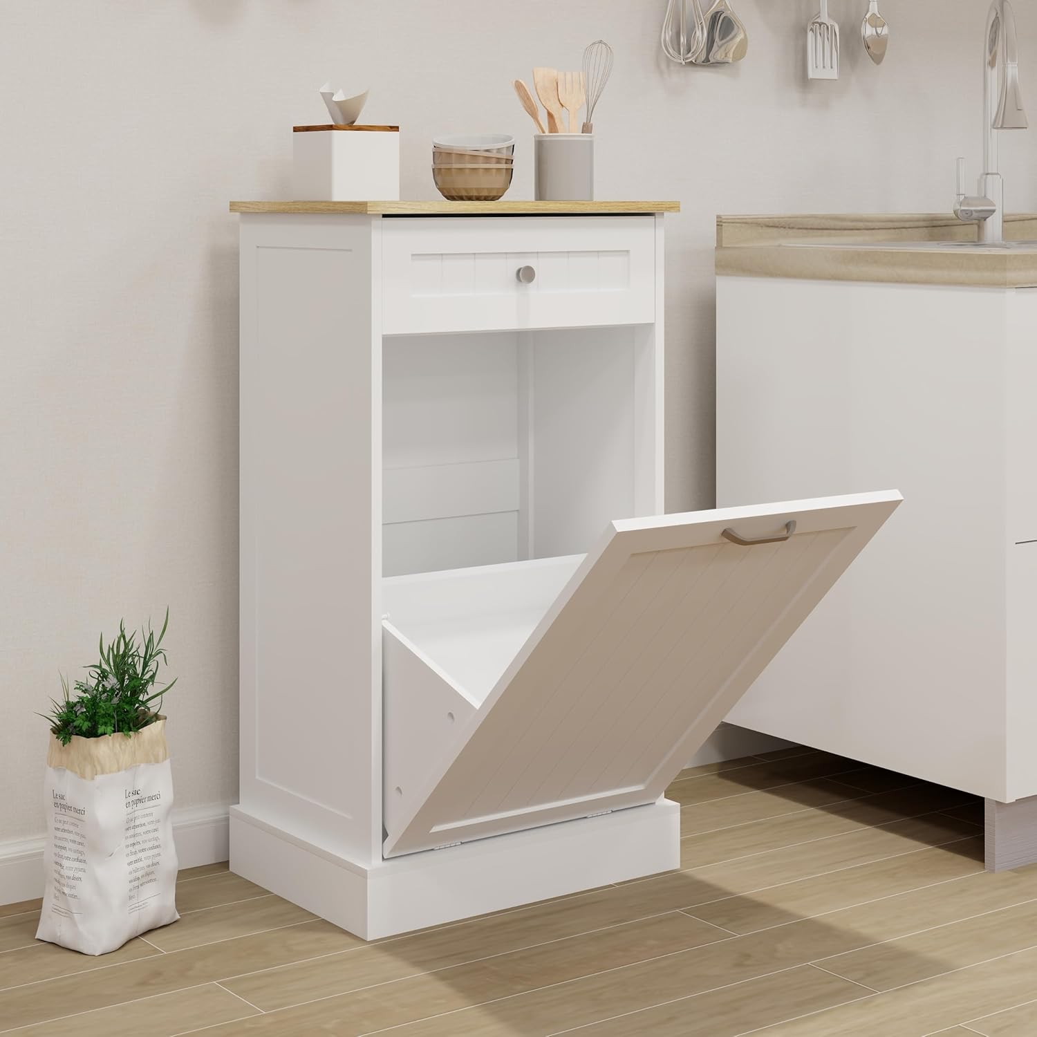 Ball & Cast Tilt-Out Trash Cabinet with One Drawer, Multifunctional White Hidden Garbage Can, Wooden Trash Can for Kitchen, Bathroom and Living Room, White