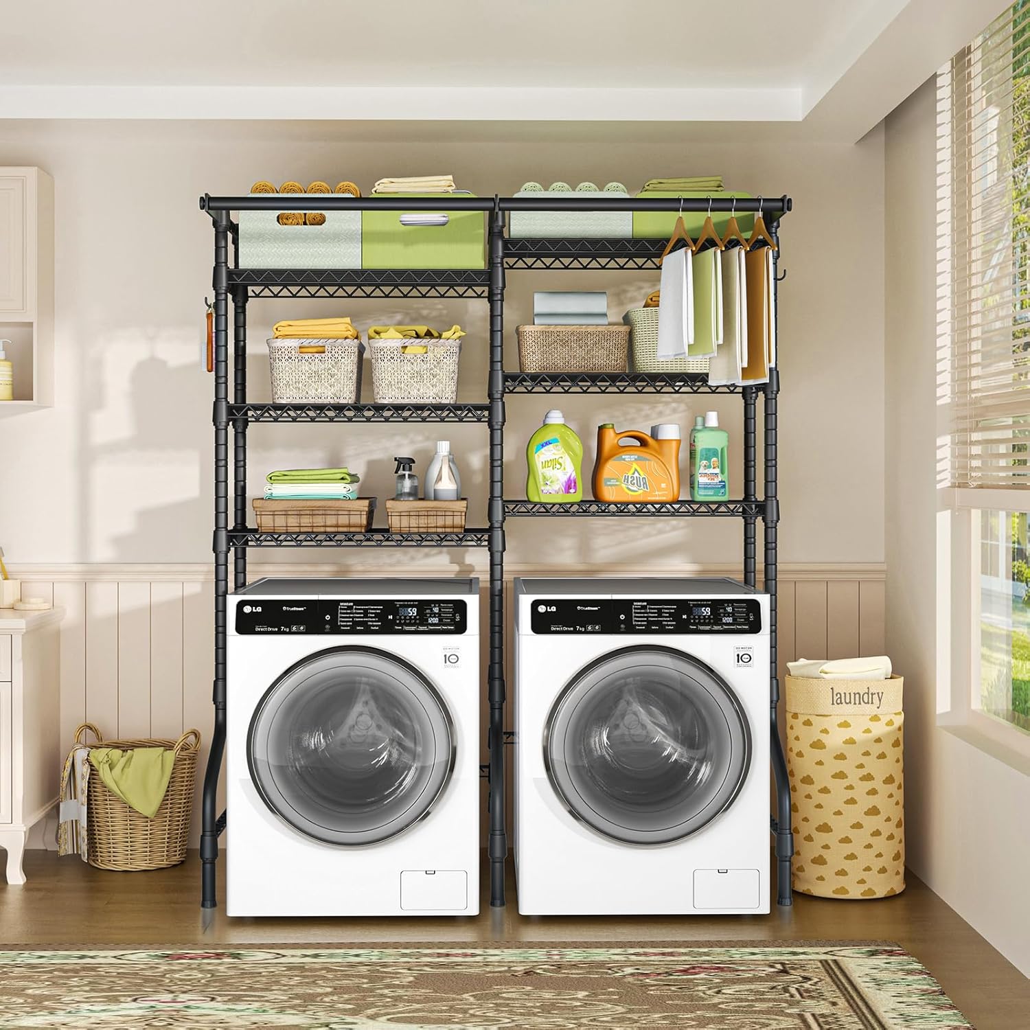 Ulif U13 Medium Over Washer and Dryer Storage Shelves, 6 Tiers Laundry Room Standing Shelf with 2 Hanger Rods, Space Saver Clothes Drying Rack, 57.8