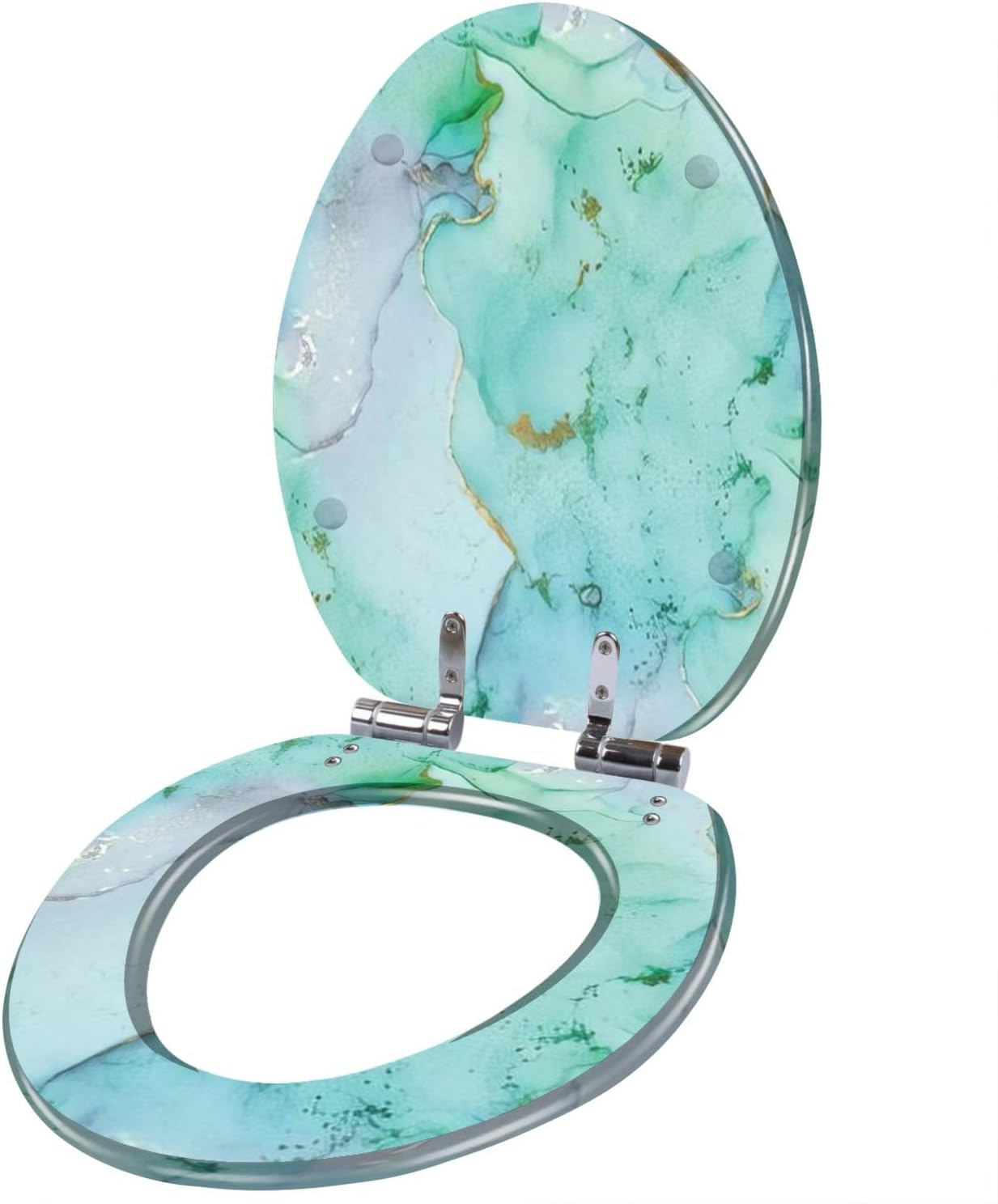 Marble Blue Water Color Gold Marble Background Luxury Ink Marble Green Resin Elongated Toilet Seat with Cover Quiet Close Quick Release Hinges Decorative Toilet Seat Easy to Clean Install Home Decor