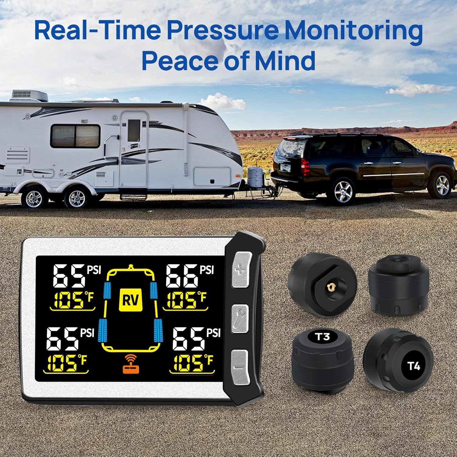 RV/Trailer Tire Pressure Monitoring System, Tire Pressure Monitor with Color LCD Display, TPMS with 4 Sensors for Travel Trailer/5th Wheel/Camper, 0-87PSI with 120ft Transmission Distance