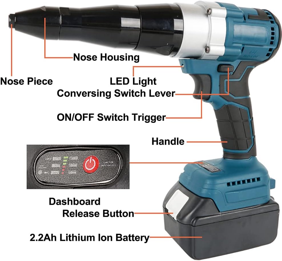 Cordless Rivet Gun,Automatic Brushless Riveter Tool Kit for Rivets 2.4/3.2/4.0/4.8 mm,Portable 21V Lithium-ion Electric with 2 3.0Ah Battery for Stainless Steel, Aluminum Rivets (2 Batteries)