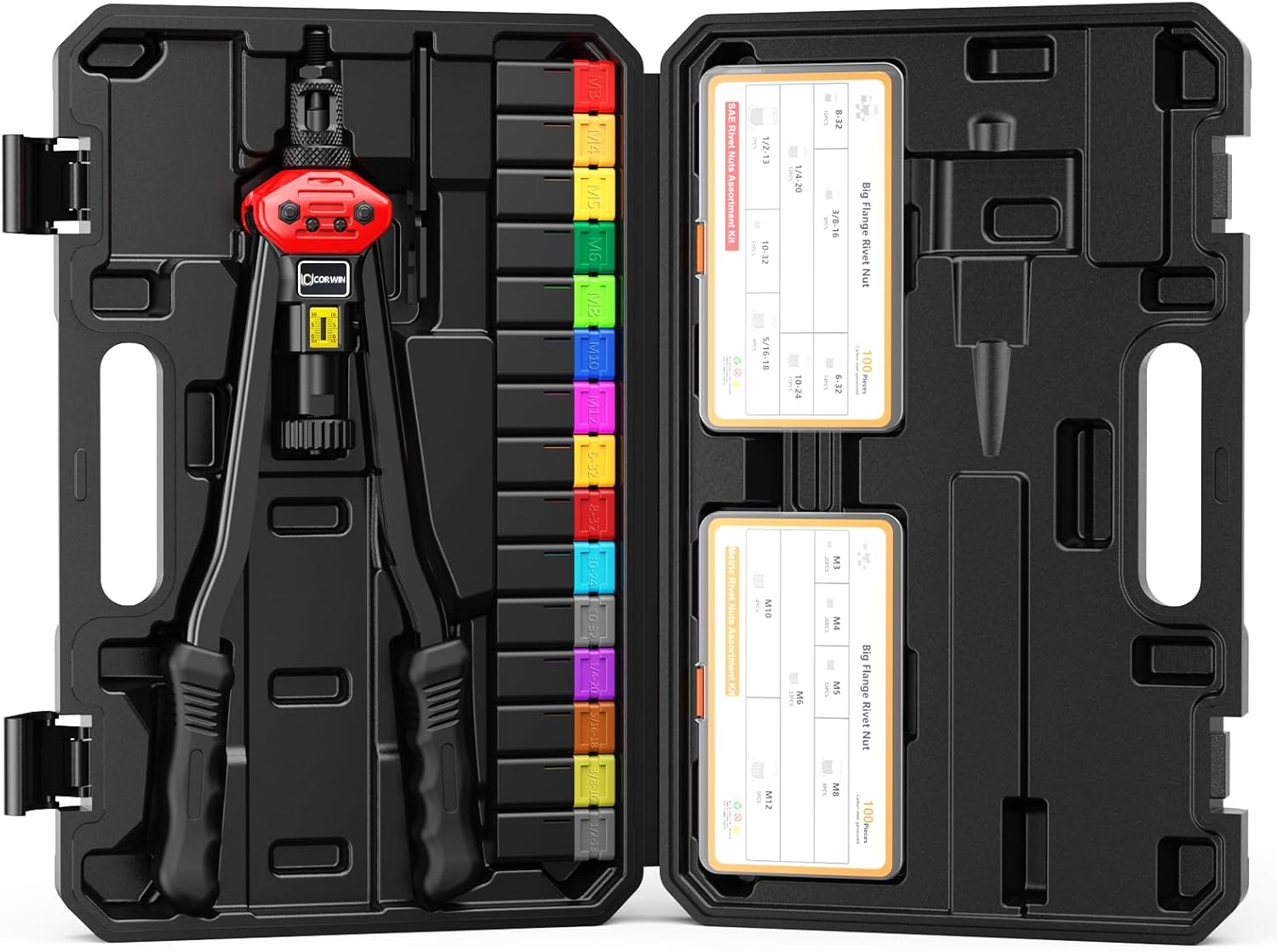 CORWIN Stroke Setting Rivet Nut Gun 1003 16-Inch, with Metric and SAE 15 Specifications Mandrels, and 200 Pieces of Rivet Nuts Stored in a Blow Molded Plastic Carrying Case