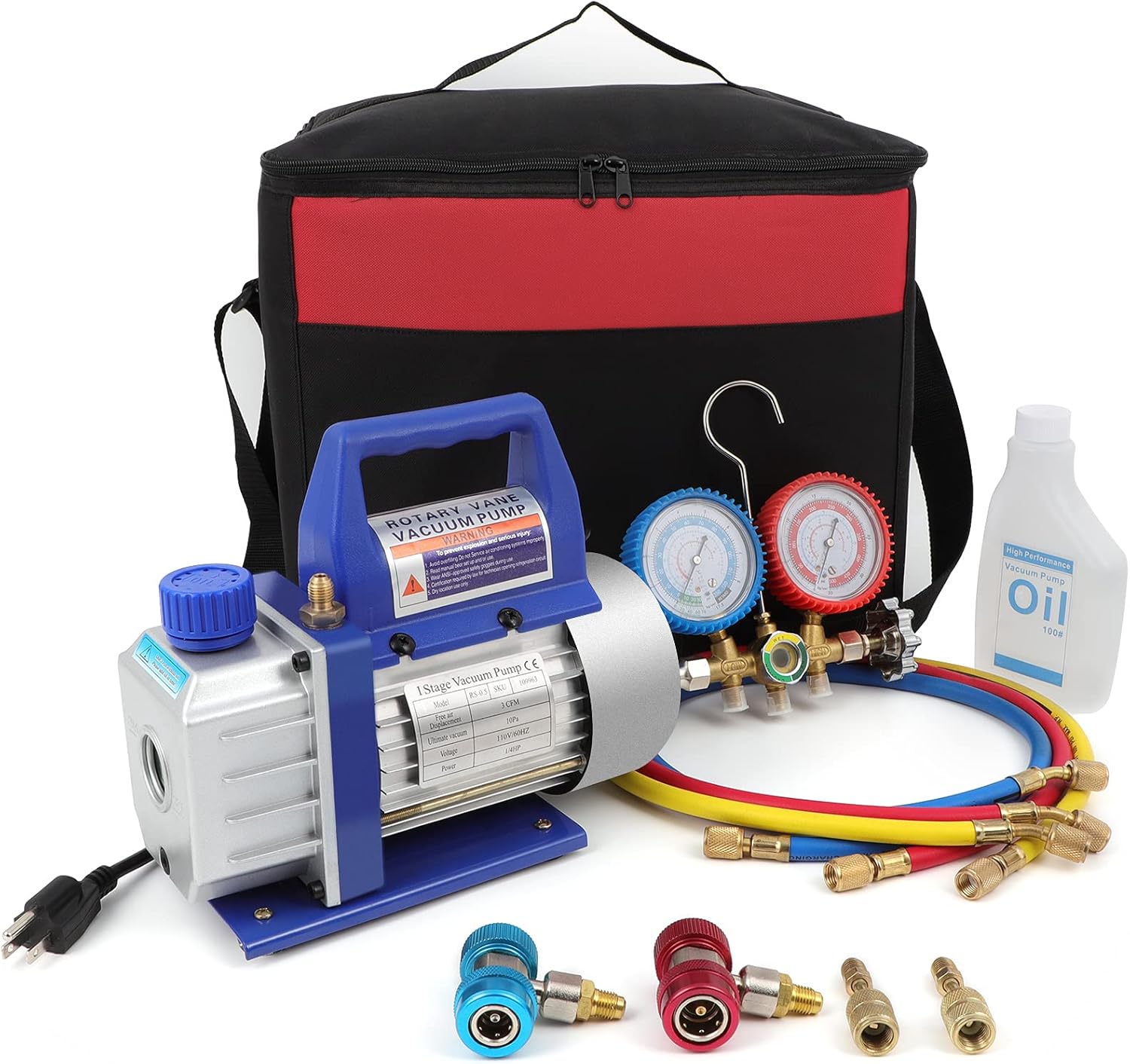 FAHKNS 110V 3 CFM Vacuum Pump 1/4HP with Manifold Gauge Set for A/C HVAC Auto Repair R134 with Oil