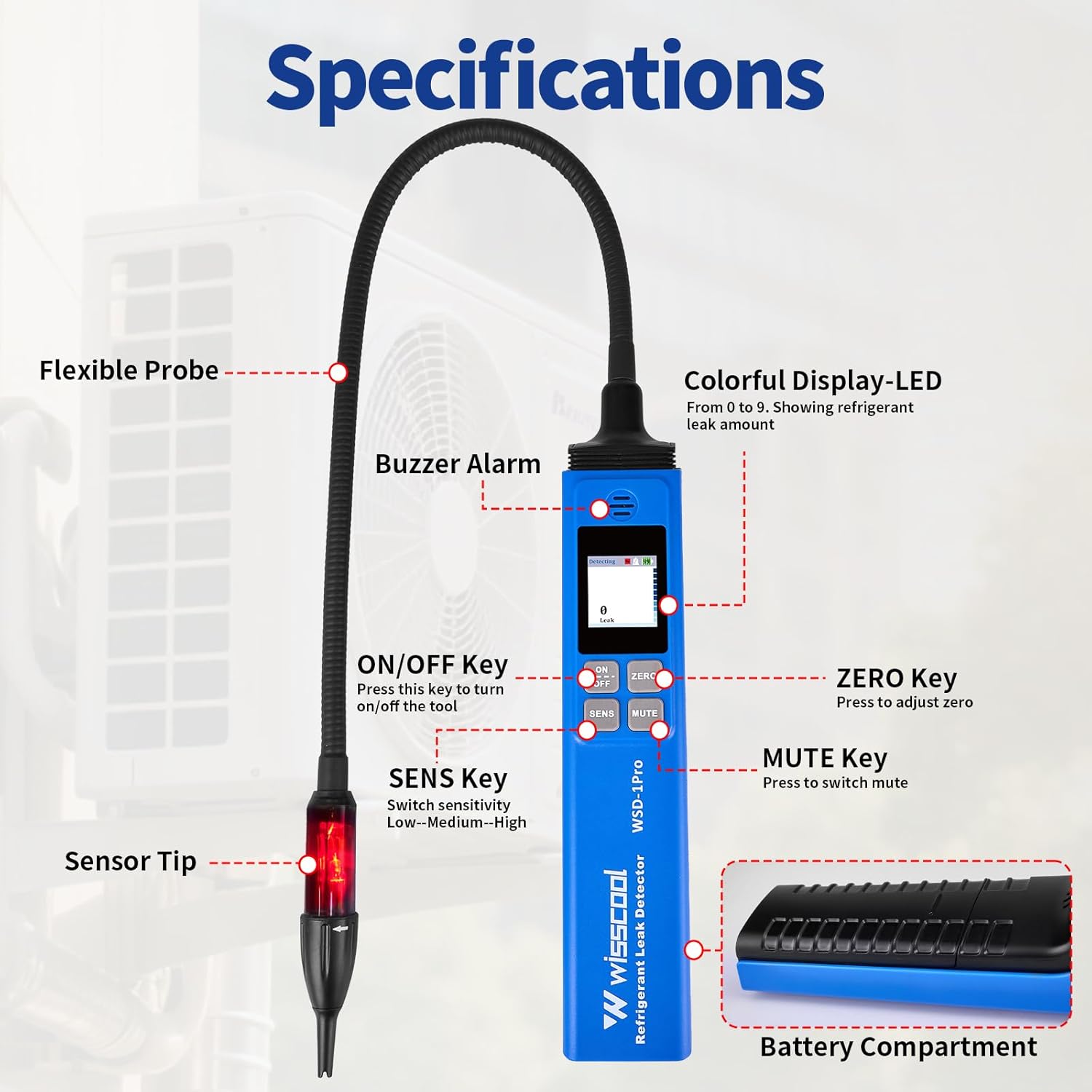 HVAC Refrigerant Leak Detector with Light Alarm, Freon Leak Detector, Freon Sniffer Halogen Gas Leak Detector Sensor Probes,for R134A R1234yf R22 R410A (Color LED)