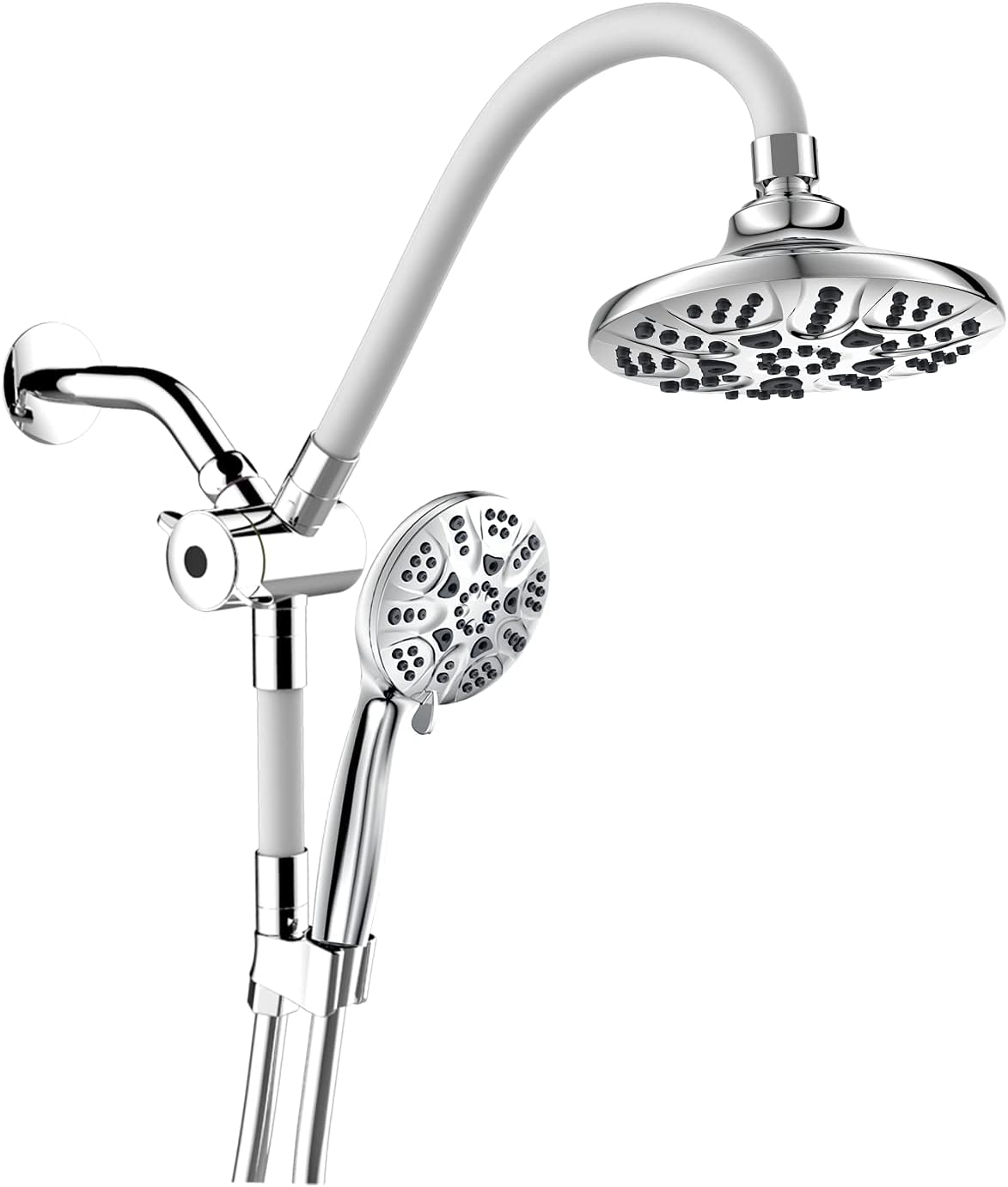 NEW Flexible Dual Shower Head with Handheld Combo with 5-ft Shower Hose - 6-Spray Settings, Brass Connectors, Pause/Water-Saving Function, Bendable Extension Arm (Chrome) - BSS116201CP