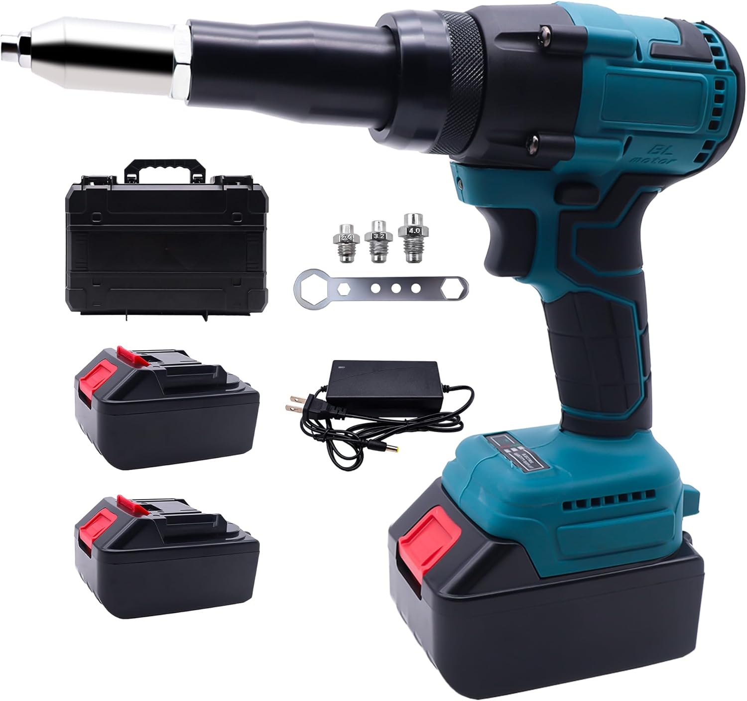 21 V Cordless Rivet Gun with Charger and 2 Batteries, Brushless Motor, Portable Electric Automatic Rivet Gun Kit for 3/32