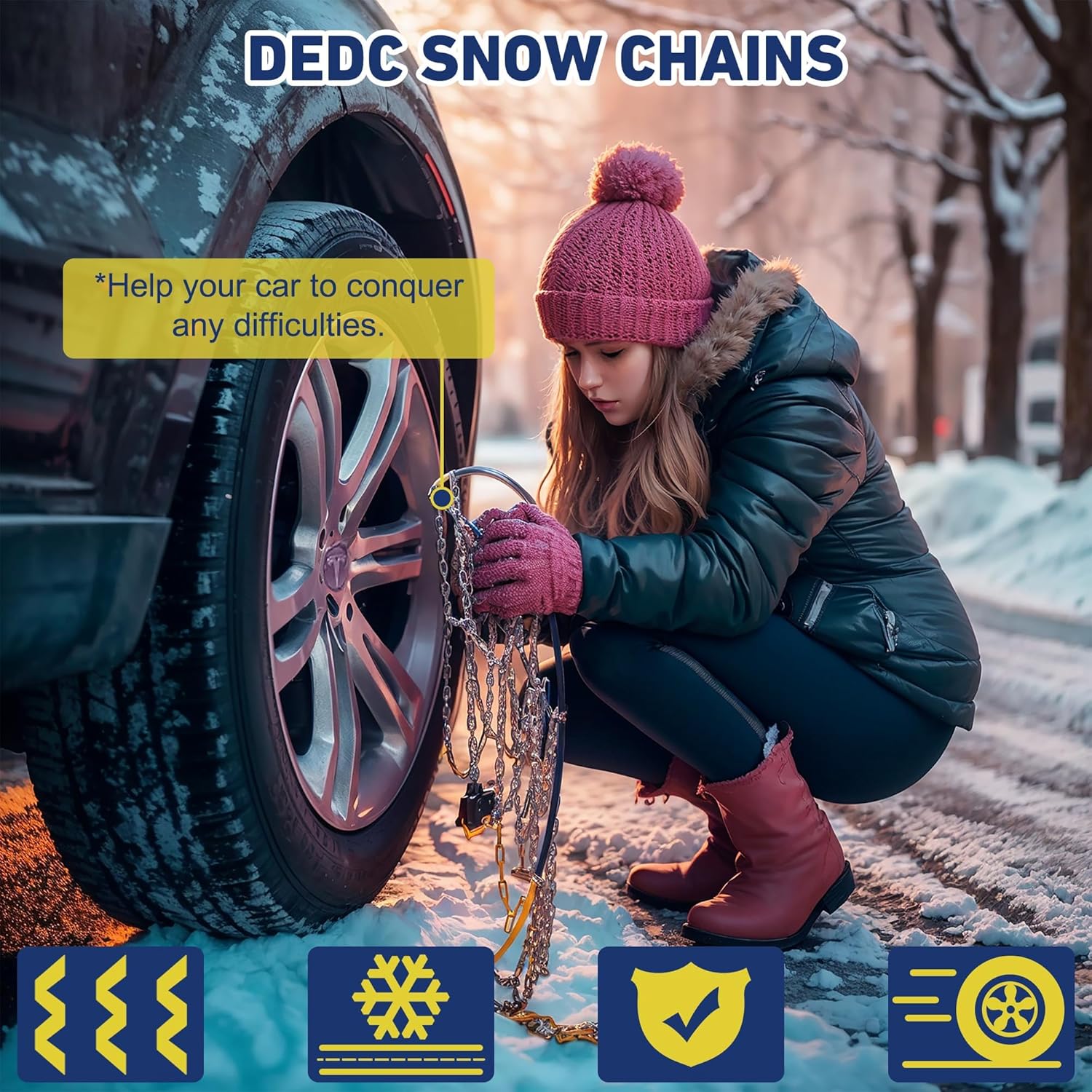 DEDC for Tesla MODEL Y Snow Chains, Snow Tire Chains, Auto Trac Tire Traction Wheel Chains 1 Min Quick Fit Chainsaw Reusable Universal Emergency Traction Chain - Set of 2 MS1520