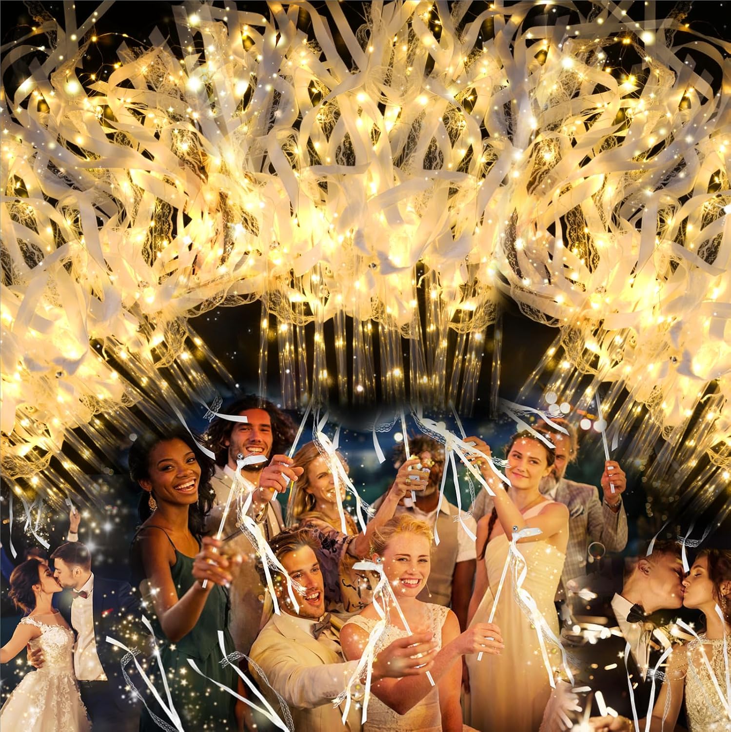 100PCS Light up Wands for wedding, Wedding Wands Streamers with 3 Colorful Flashing Modes, Fairy Wands, LED Silk Fairy Wand with Bells for Wedding, New Year, Thanksgiving, Concert