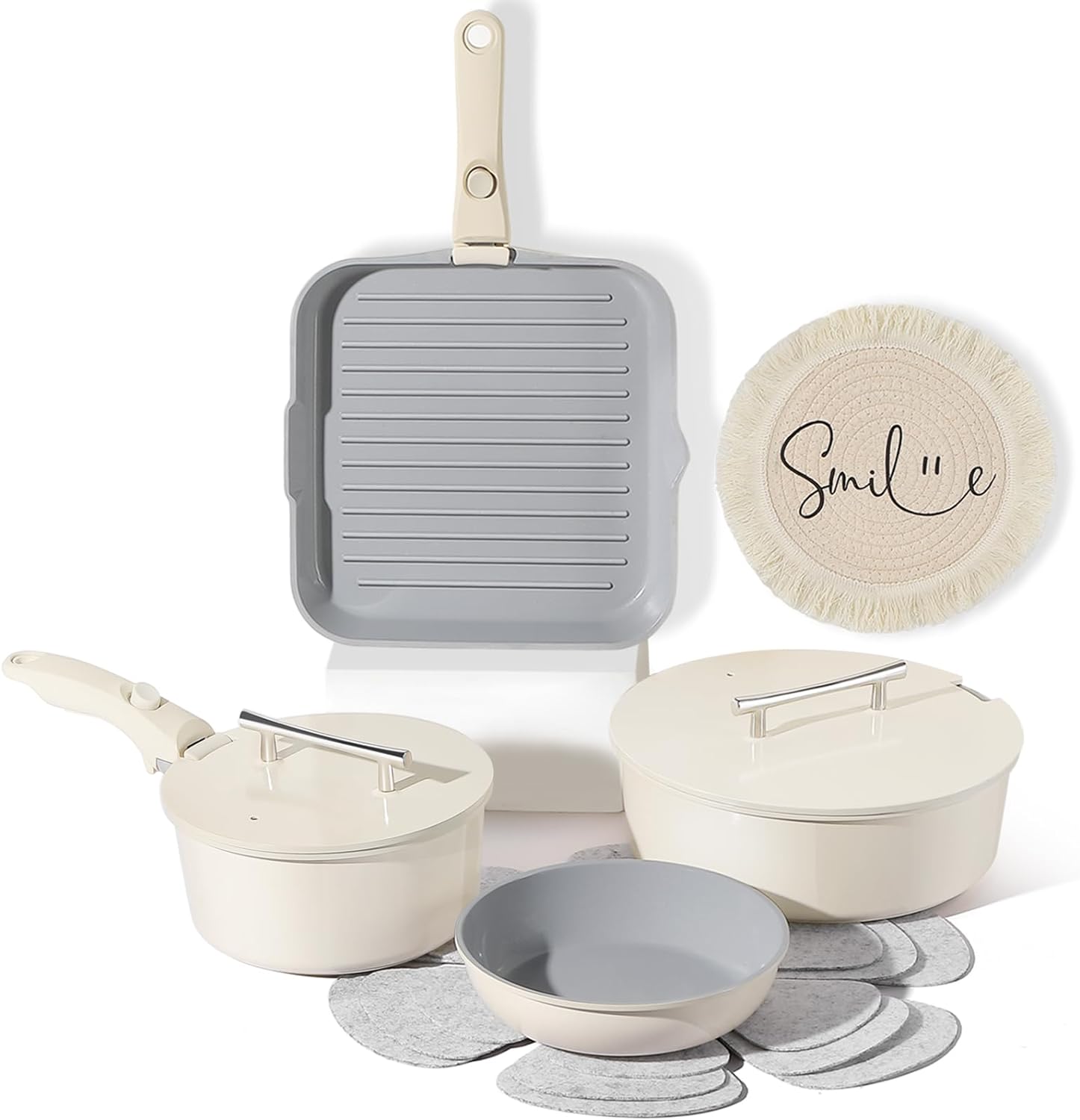 12 Pcs Nonstick Ceramic Cookware Set With Detachable Handle - Pots and Pans With Lids, Non Toxic, RV and Camping Cooking Set, PTFE & PFOA Free, Oven Safe, Space Saving - Cream