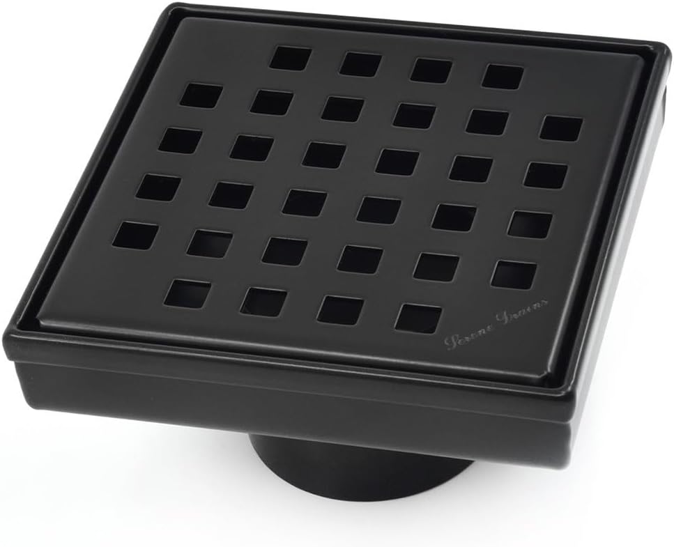 SereneDrains 304 Stainless Steel 4 Inch Square Matte Black Shower Drain Kit for Tile Floor Drain Grate Cover Hair Catcher Trap Strainer Filter (Matte Black, Traditional Square Design)