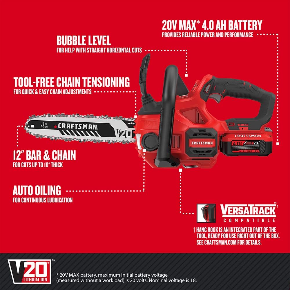 CRAFTSMAN V20 Cordless Chainsaw with Battery and Charger Included, 12-Inch (CMCCS620M1)