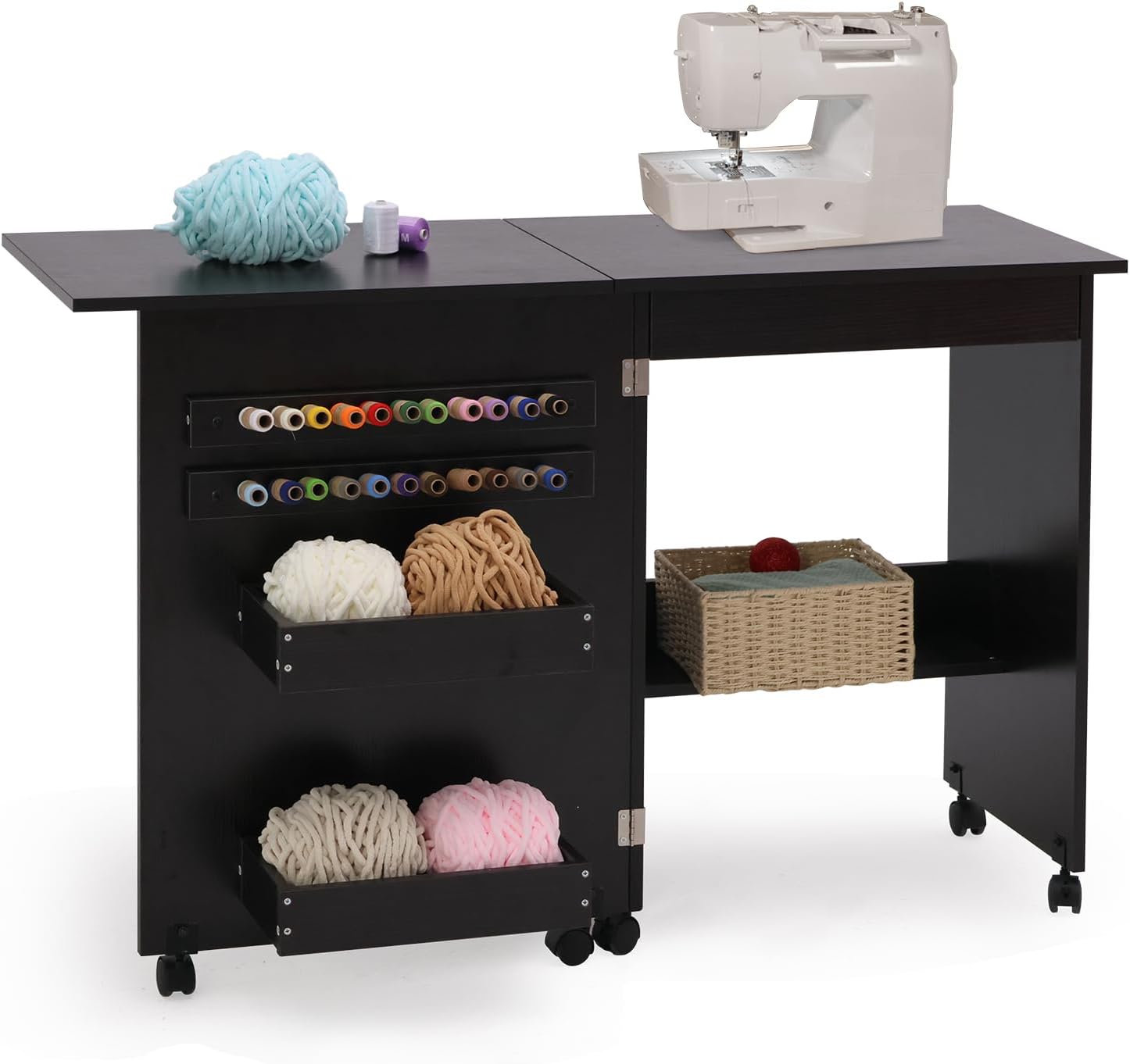 Folding Sewing Table Multipurpose Craft Station & Side Desk with Compact Design, Wheels with Locks,(White)