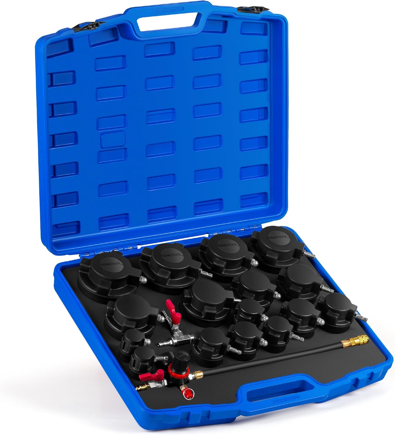 19Pcs Turbo System Leakage Tester Kit,Turbo Boost Leak Tester Turbocharger Air Pressure Guage Cooling System Intercoolers Radiators Hose Leak Tester with 8 Pairs of Stepped Adapters 1-1/4” to 4-3/8