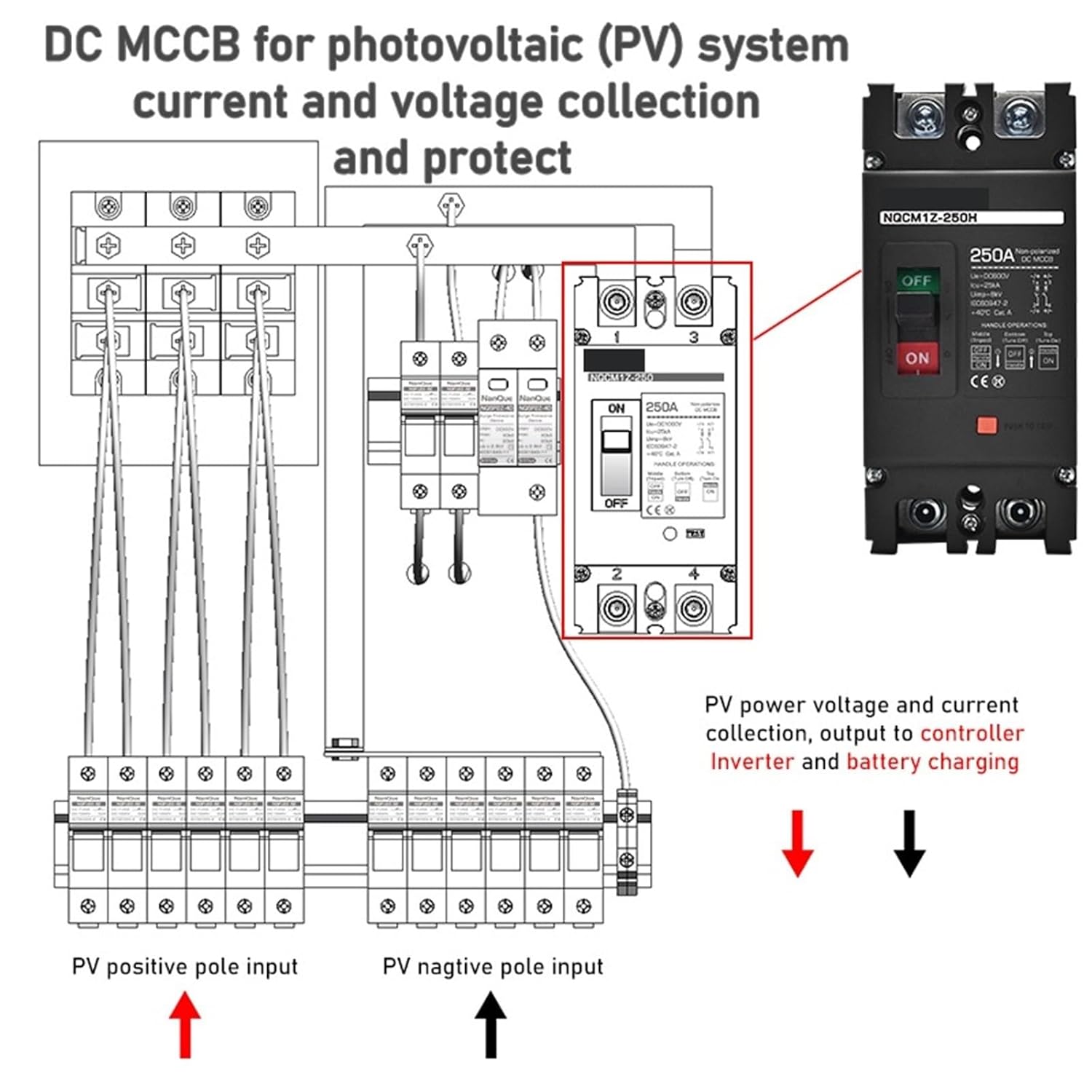 DC Circuit Breaker 2P 600V MCCB 63/80/100/125/200/250 Amp Recycle Fuse Solar Panel Battery Power Protecto Non Polarzied 25kAr(250A)