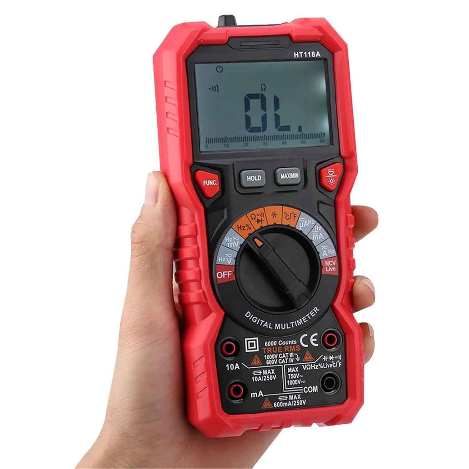 6000 Counts Multimeter HT118A HT118A Handheld Digital Multimeter AC/Volt Amp Ohm Capacitance Hz Temp Tester w/Flashlight