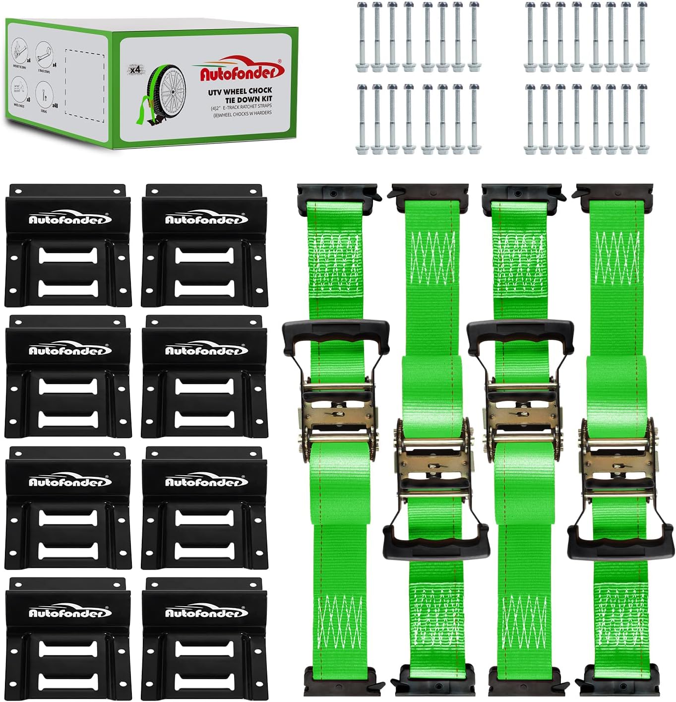 Wheel Chock Tie Down Kit (4500lb Break Strength) Heavy Duty Trailer Tire Straps System for ATV, UTV, Lawn Mower & More - Ratchet Tie Downs Accessories with E Track for Four Wheeler
