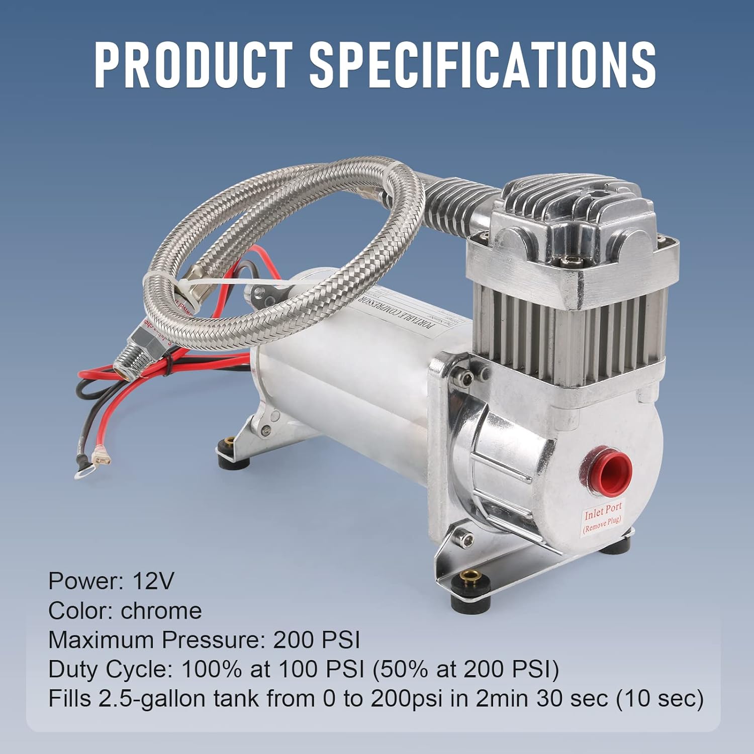 12V 444C 200 PSI Chrome Air Compressor for Auto/Motorcycle