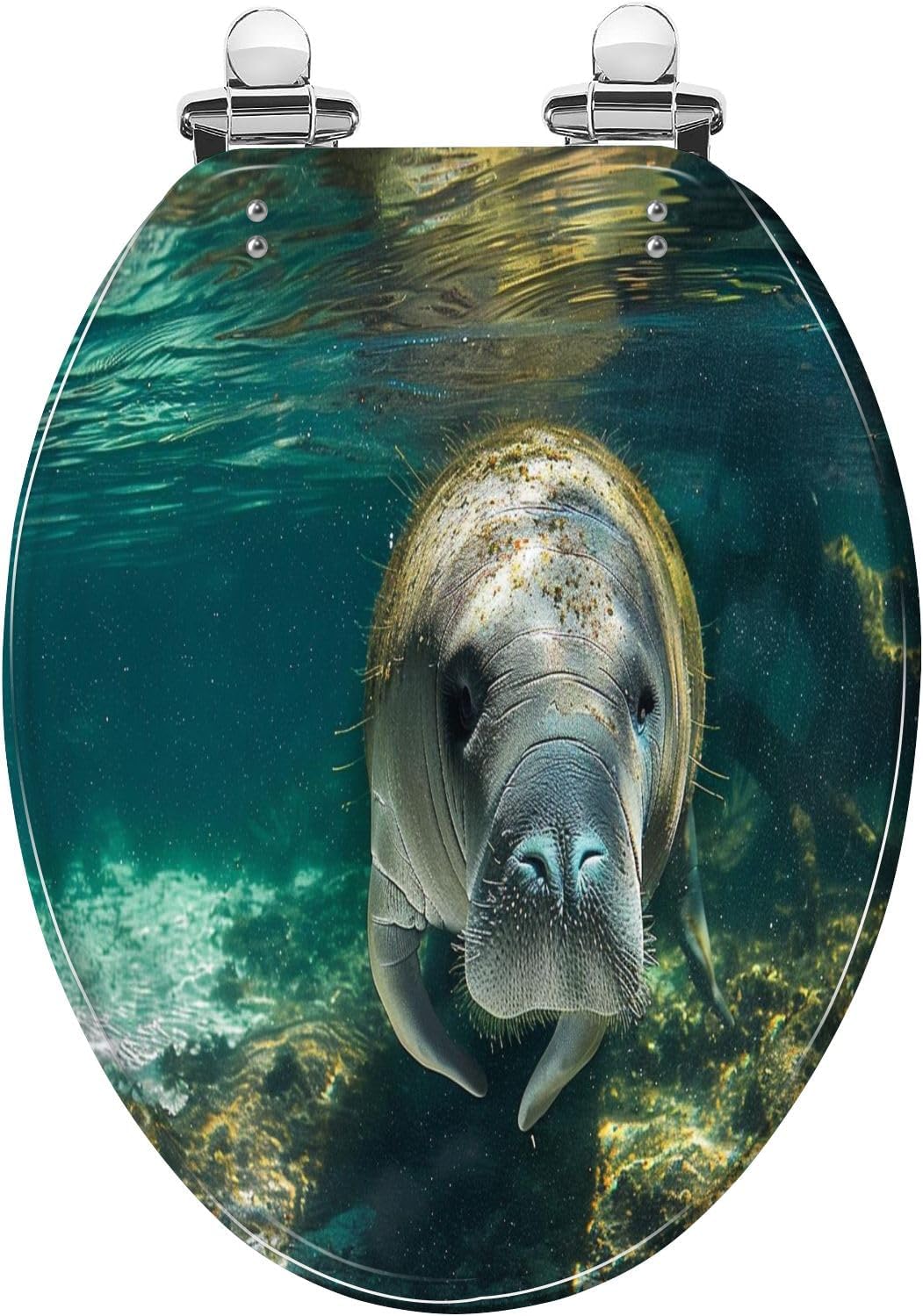 Elongated Toilet Seat Manatee Portrait Art Resin Toilet Seat Easy to Install Quietly Close Quick Release Hinges Decorative Toilet Seat with Cover