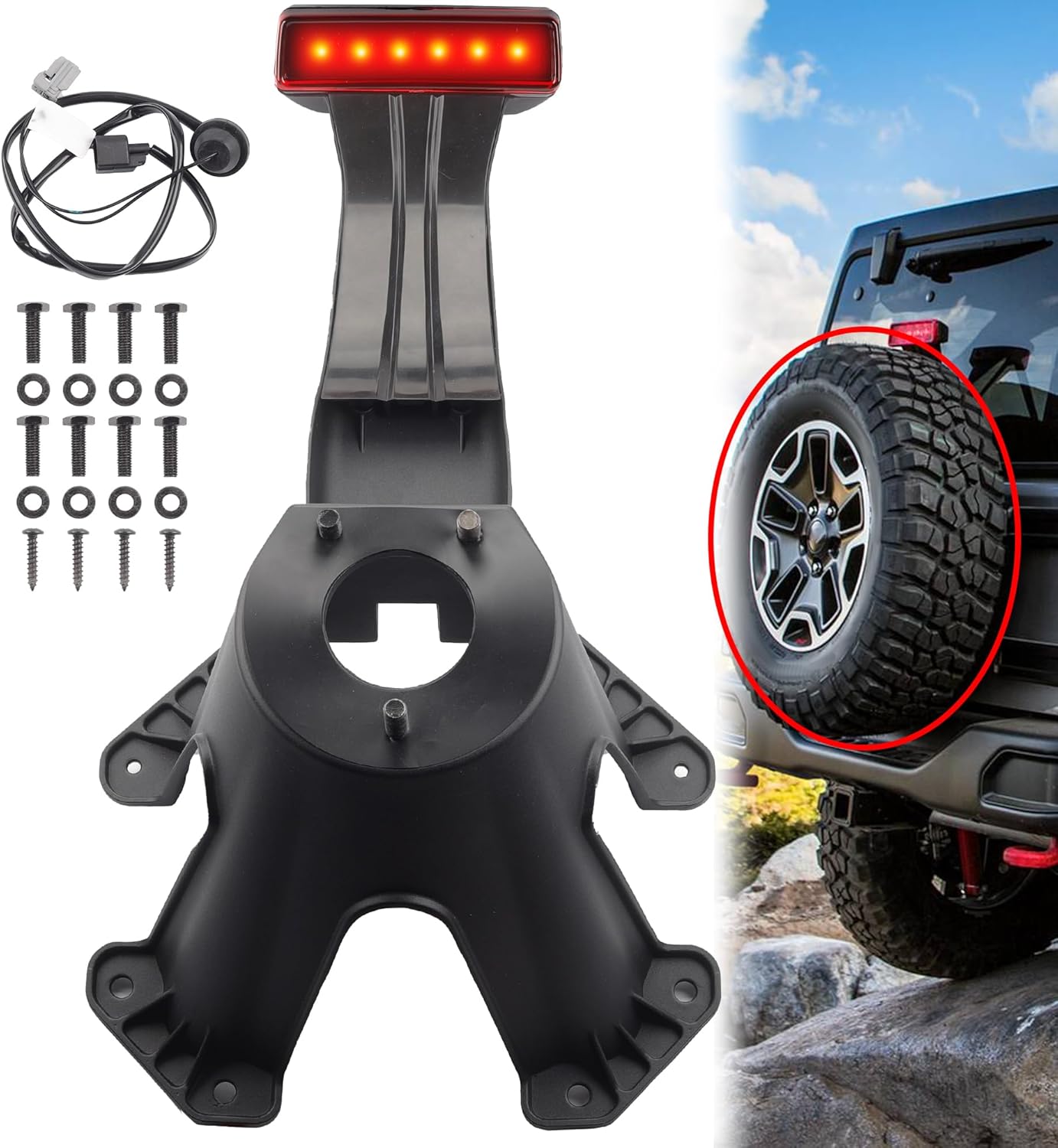 Dasbecan 55397217AJ Spare Tire Holder Bracket Tire Carrier Rack Compatible with Jeep Wrangler JK 2007-2018 68048581AA High Center Mount 3rd Third Brake Light Assembly with Line