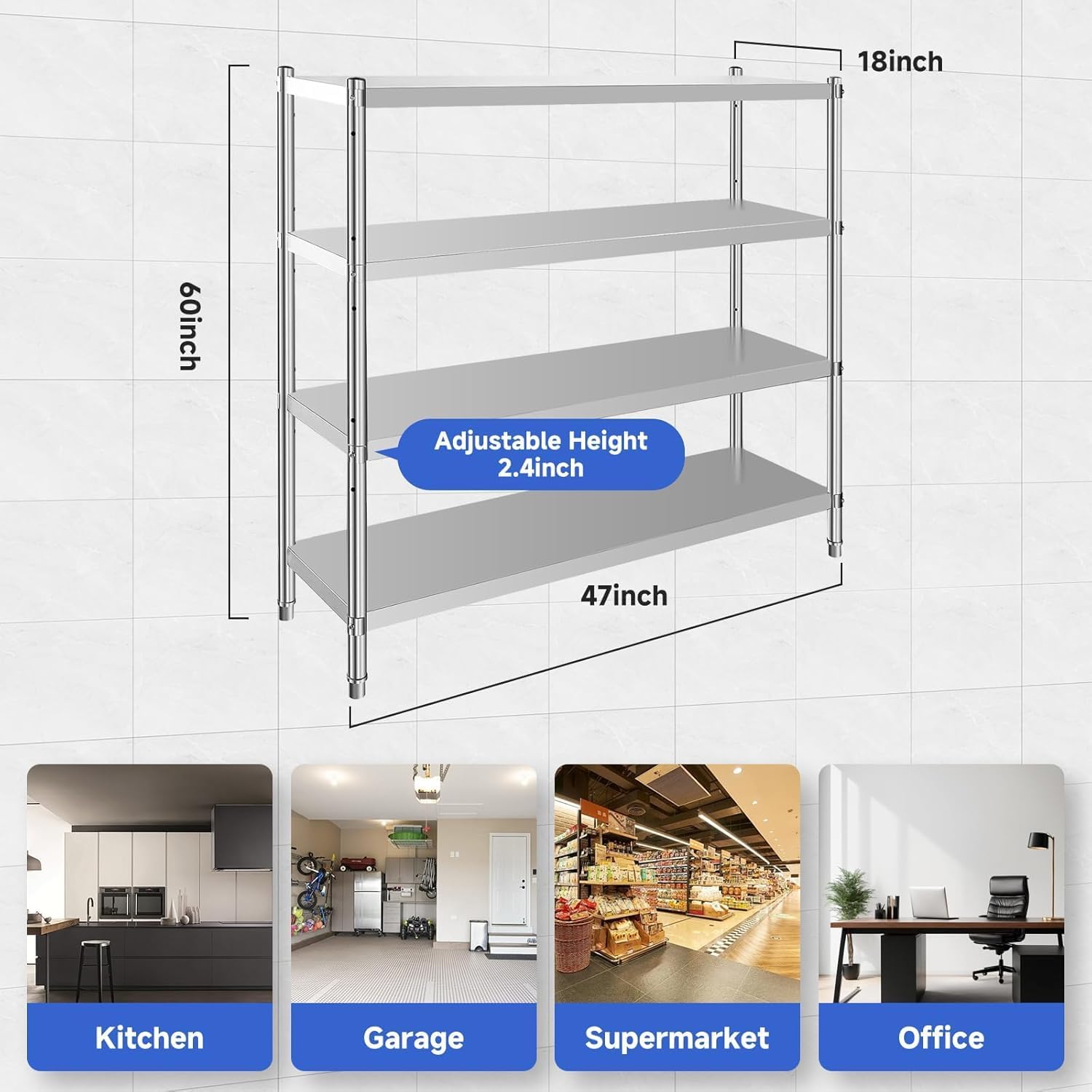Stainless Steel Shelves,47x18x60 in Storage Shelf 4-Tier Heavy Duty Adjustable Shelf Unit for Kitchen Garage Office Restaurant Warehouse,330lb Per Shelf