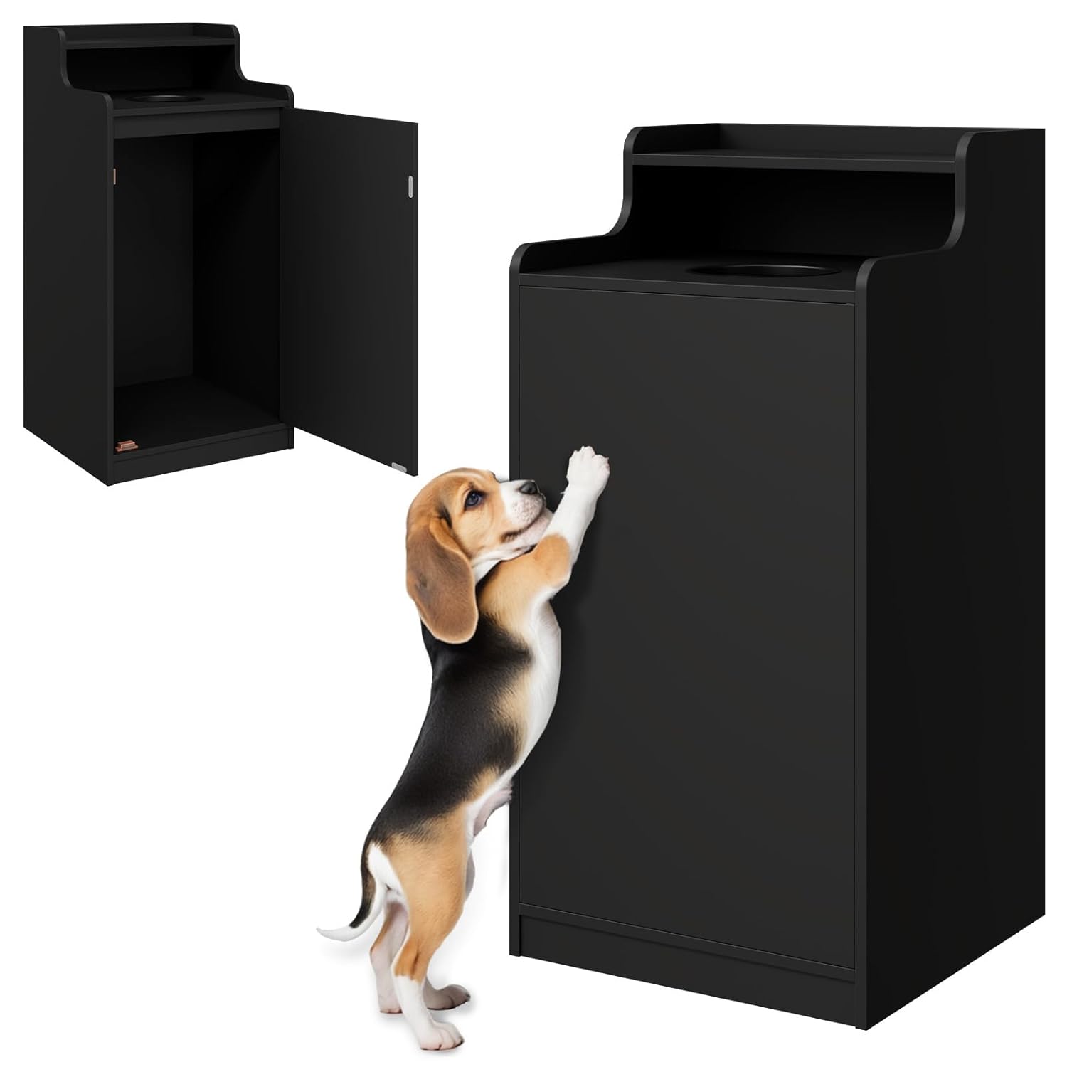Wooden Kitchen Trash Can Cabinet with Door – Hidden Garbage Can Cabinet for Home, Office & Restaurant – Magnetic Door, Round Drop Hole, Large Capacity Wooden Trash Bin, Pet-Proof Design