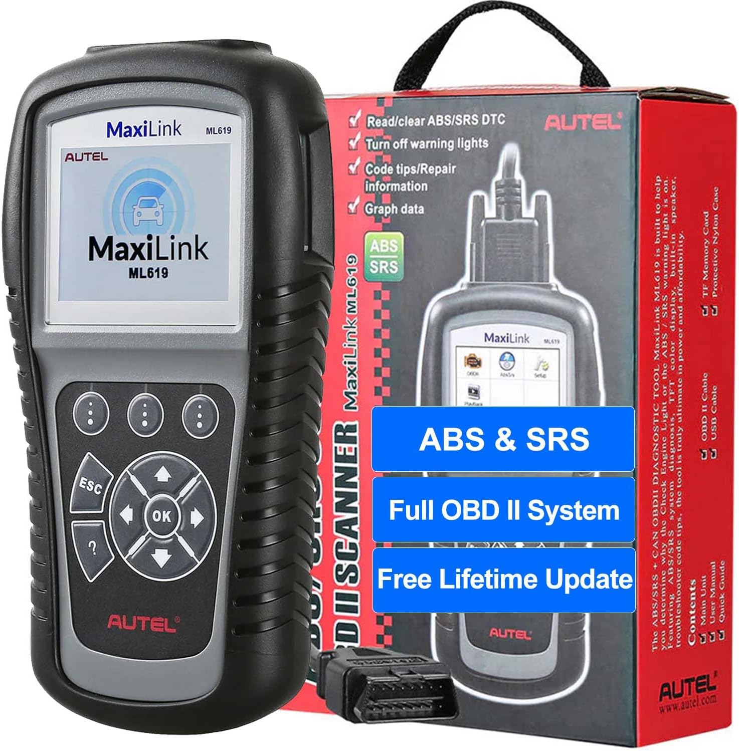 Autel MaxiLink ML619 OBD II Scanner - Same as AL619, ABS & SRS Diagnostic Tool for 1996+ Vehicles, Up of AL519 ML519, Code Reader with Live Data & Troubleshooting Tips