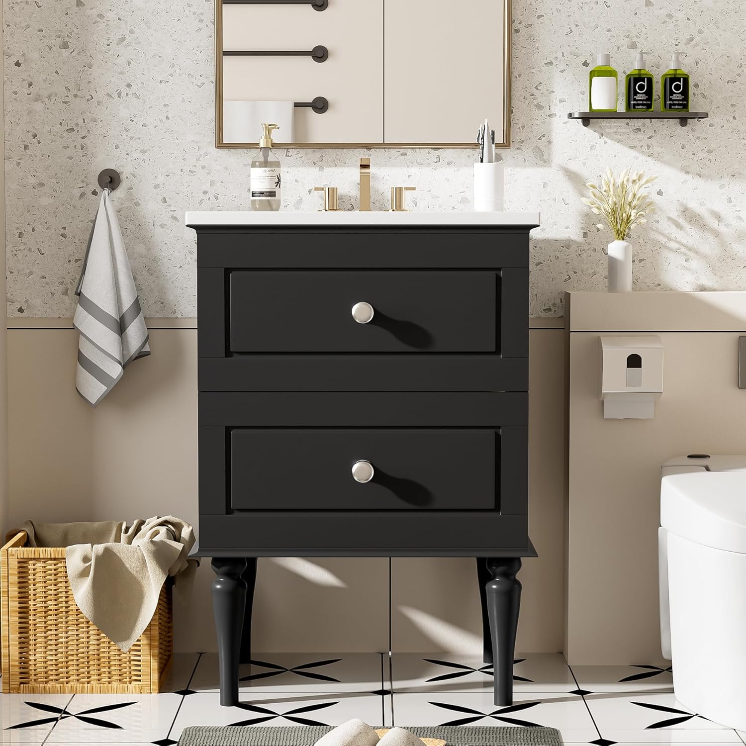 Merax 24'' Bathroom Vanity Cabinet with Ceramic Sink Combo Set, Solid Wood Frame Modern Bathroom Storage Cabinet with 2 Drawers, Black