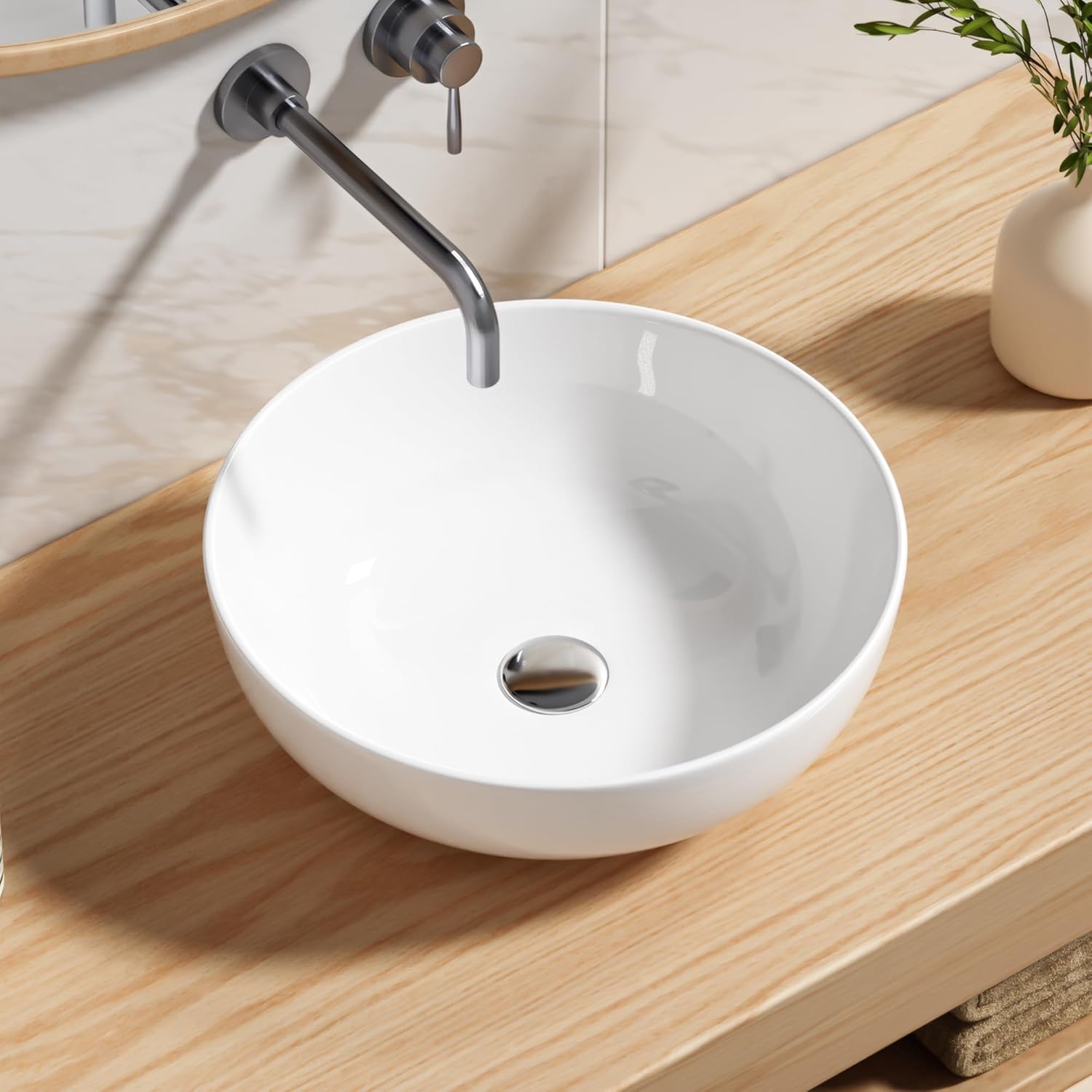 Enbol Oval Bathroom Vessel Sink 16x16 inch White Circle Above Counter Porcelain Ceramic Bathroom Sink -ECV1616-2