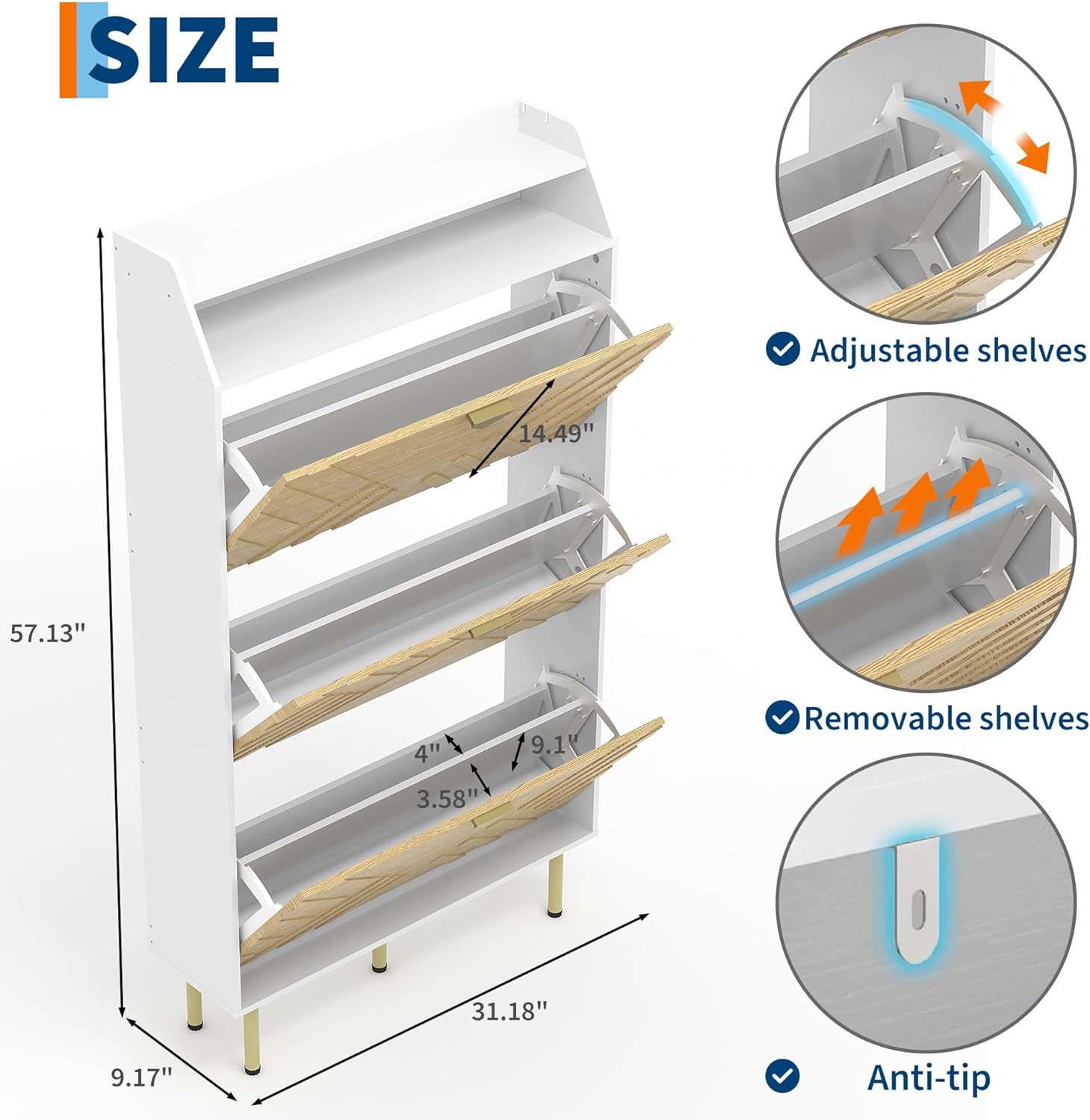 GarveeHome 3-Drawer Shoe Cabinet with Bench - Narrow Freestanding Shoe Storage for Entryway, Hidden Organizer withDrawers & Shelf (White)