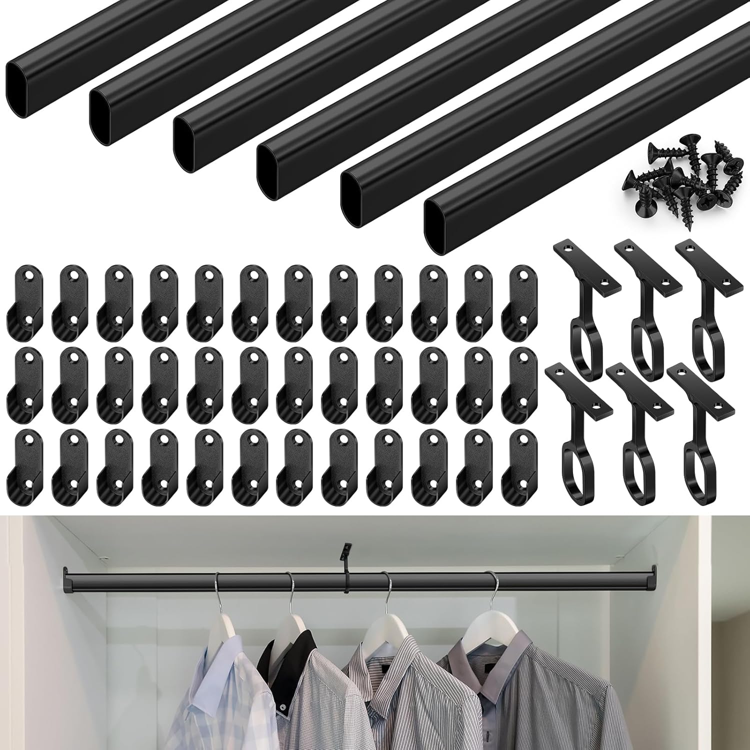Tandefio Chrome Closet Rod 92 Inch with Oval Closet Rod 6 End Supports for Laundry Room Hanging Clothes Waterproof Shower for Curtains(Silver,6 Sets)