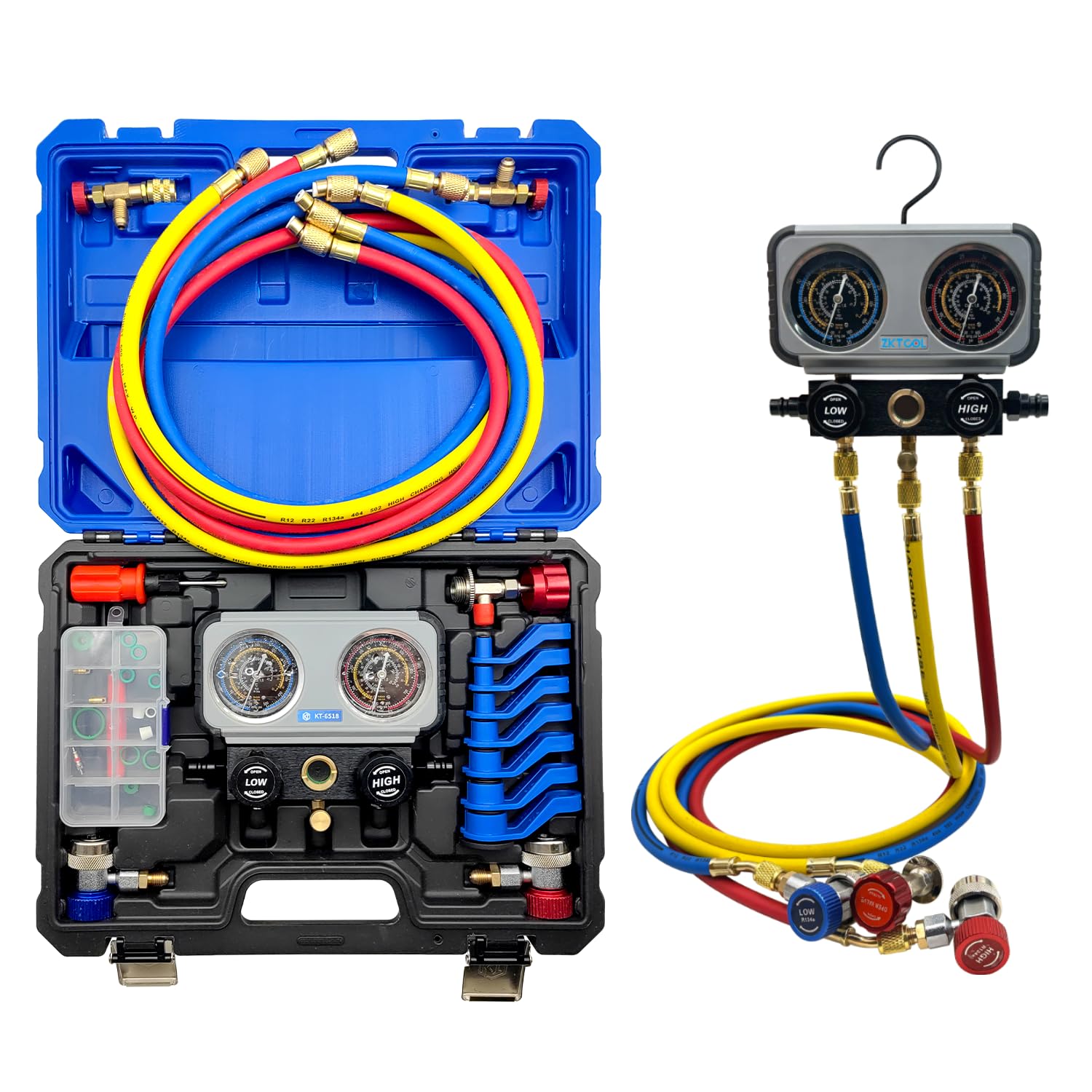 ZKTOOL AC R1234YF R134A Gauge Set, Automotive 4 Valve Manifold Gauge,6PC Refrigerant Adapter Compatible with R1234YF R134A and R404A R410A R22 Refrigerant,Works on Car Freon Charging and Evacuation.