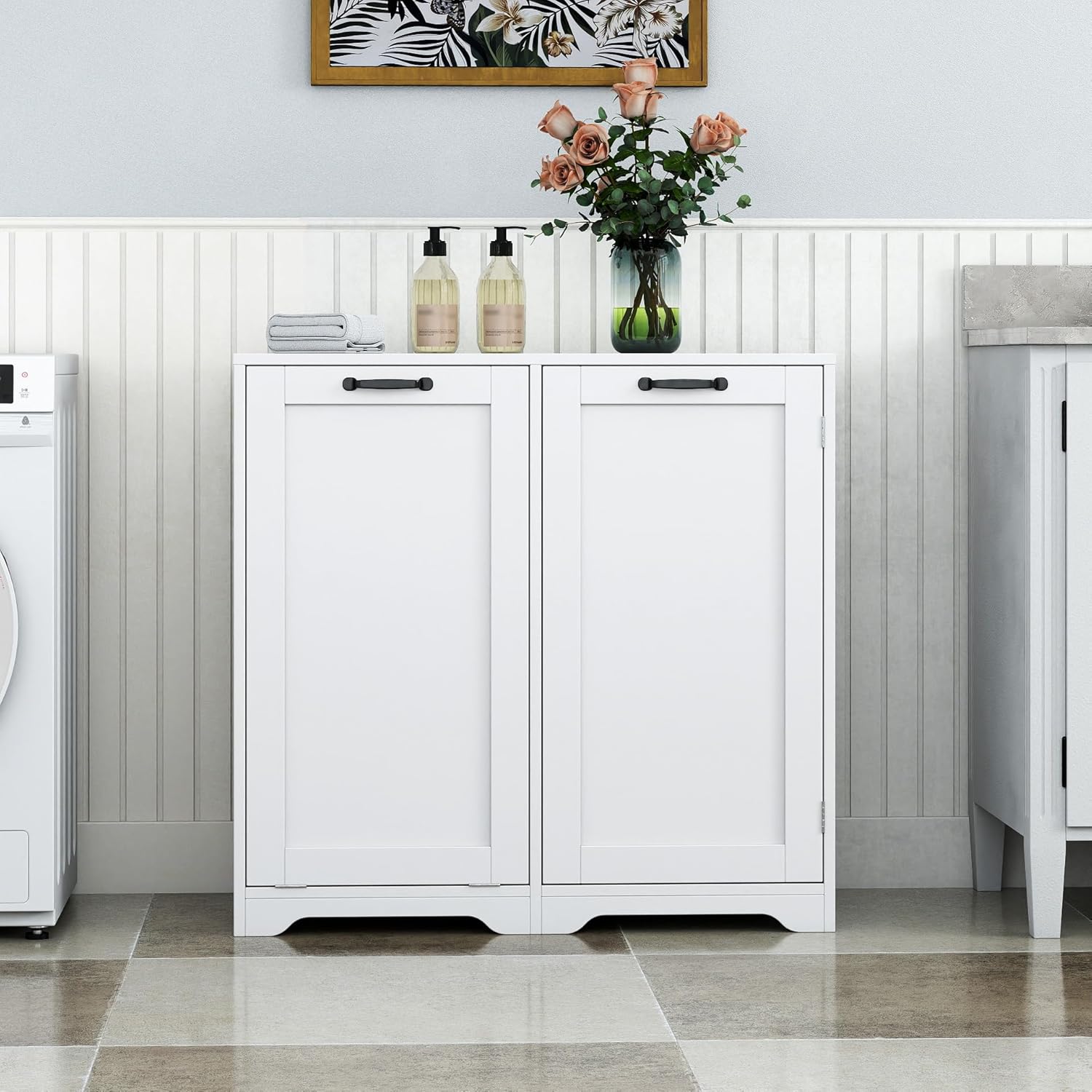 KEIKI Double Tilt Out Laundry Hamper Cabinet, with 2 Removable Liner Bags, Double Doors Hidden Hamper w/Metal Handles, Free Standing Wood Laundry Sorter Floor Cabinets for Bathroom,White, (Style A)