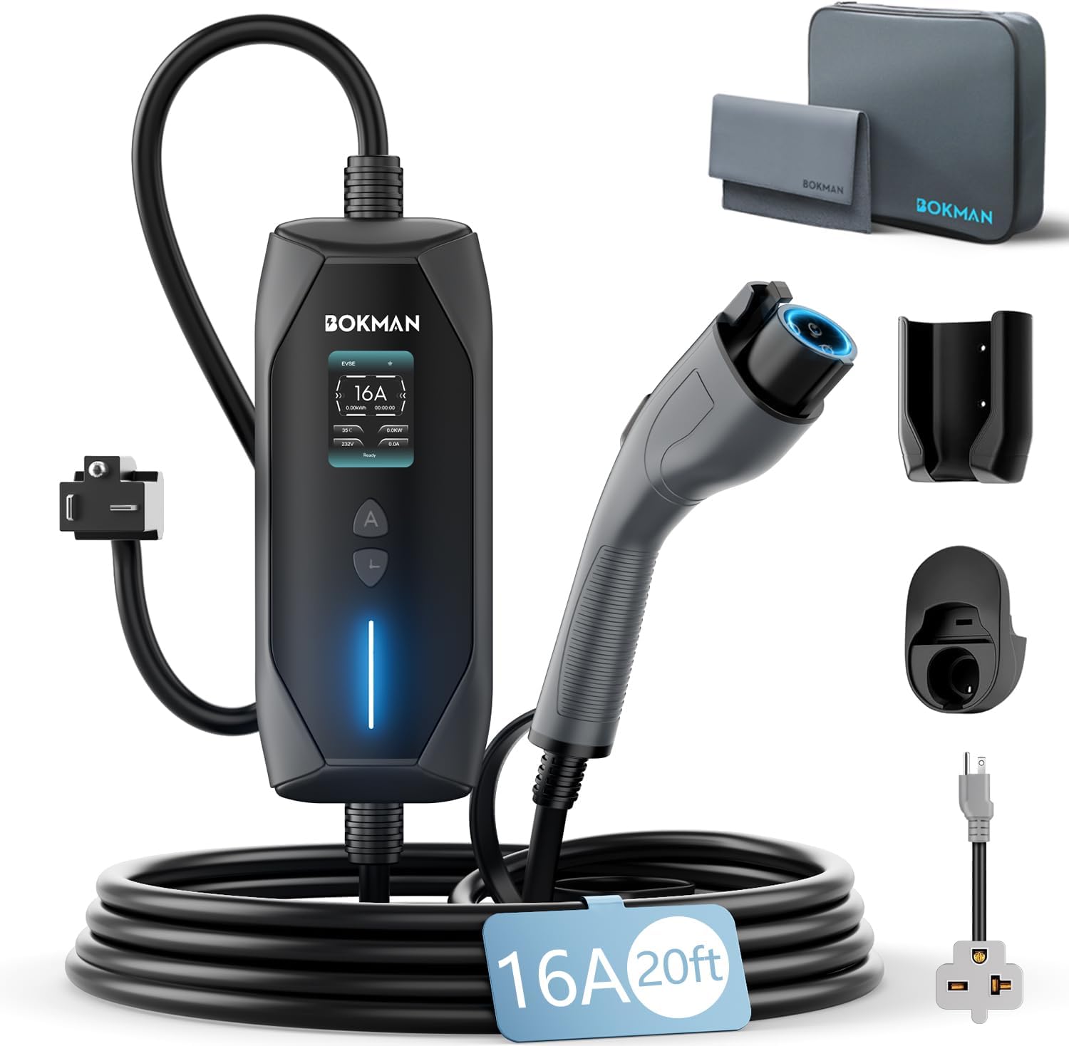 bokman Portable Level 2 EV Charger (240V, 16A), 20ft Cable and NEMA 6-20 Plug and NEMA 5-15 Adapter for Household Socket, Current Adjustable 6-16Amp (J1772 Connector)