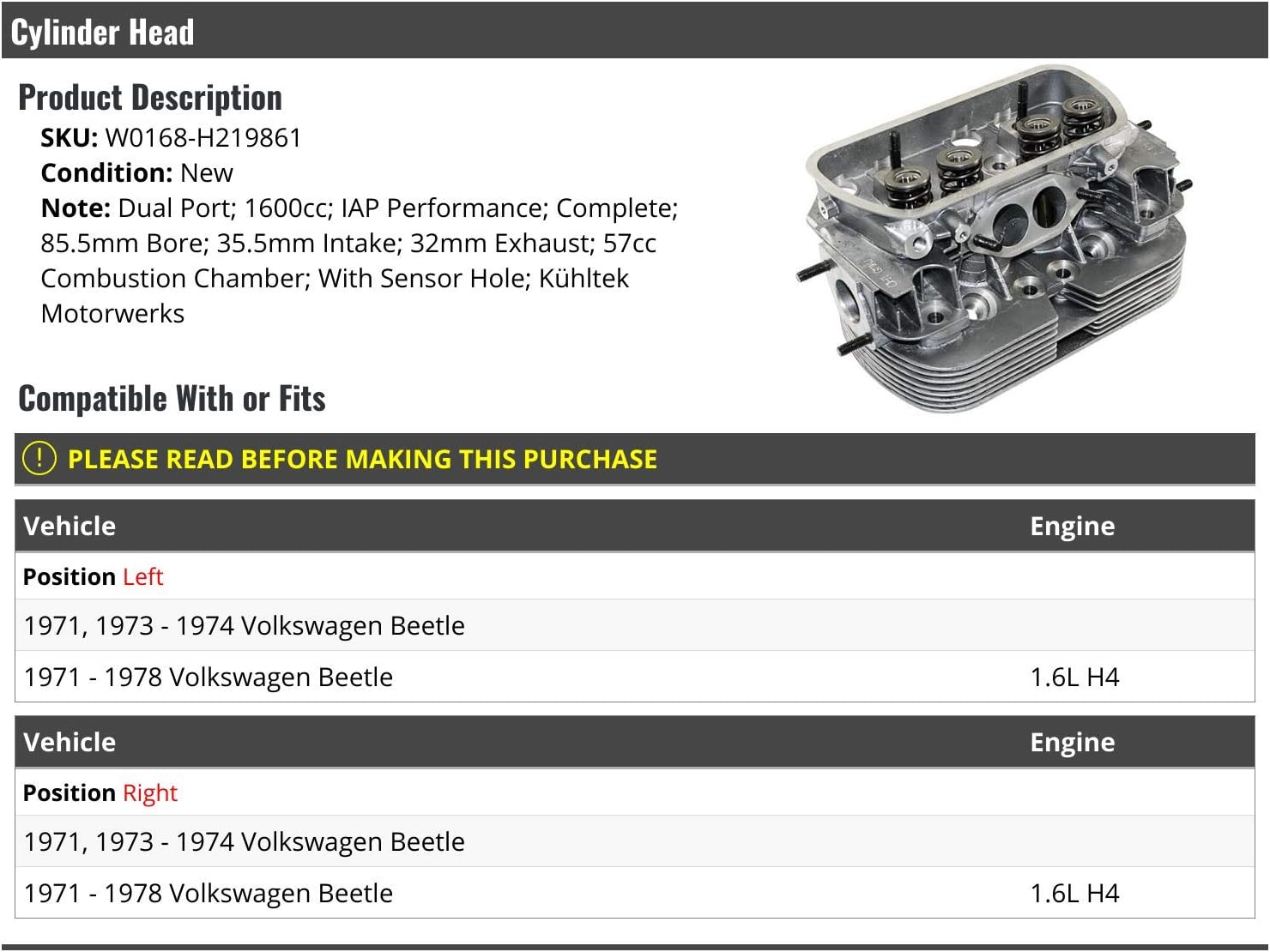 Complete Cylinder Head - Compatible with 1971-1978 VW Volkswagen Beetle 1.6L H4 Dual Port 1600cc