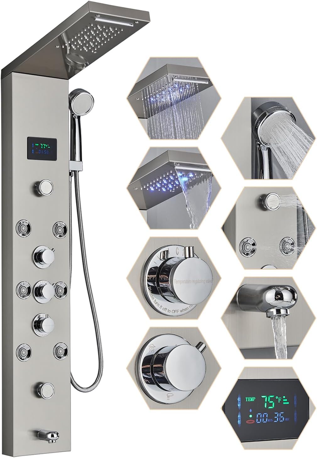 Contemporary Shower Panel Wall Mounted Shower Tower Rainfall Waterfall Showerhead Full Body Shower System with Adjust-angle Shower Jets Bathroom Shower Panels Stainless Steel, Brushed Nickel