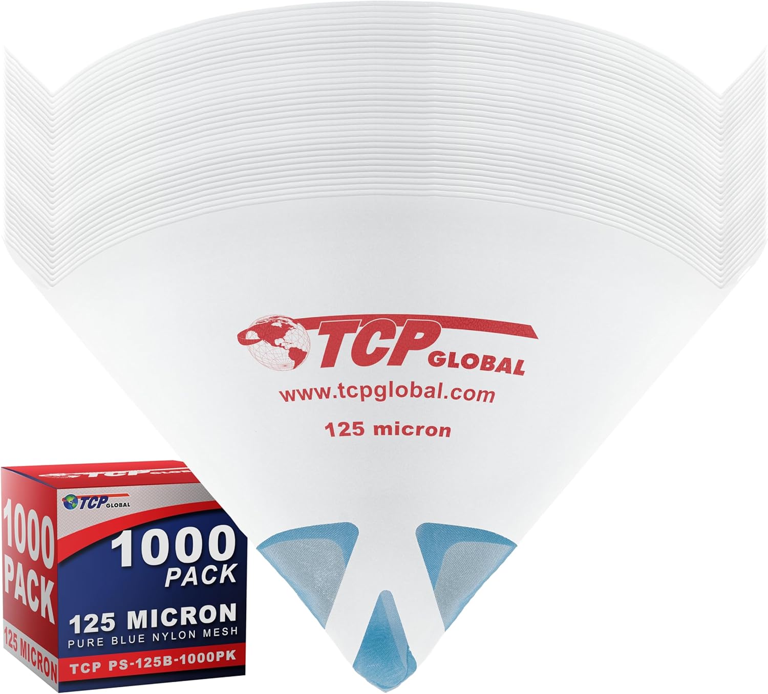 TCP Global - 125 Micron Filter Tips Ultra-Fine Paint Strainer (Case of 1000) - Pure Blue Nylon Mesh Cone Strainer - Paint Filter Cones for Auto, House & Hobby