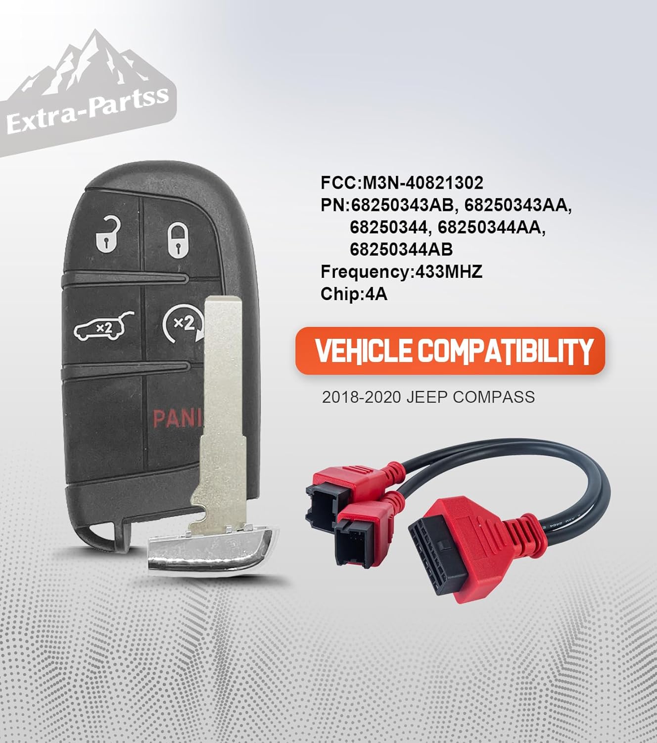 Simple OBD Key Replacement for Jeep M3N-40821302 4A Chip fits 2018 2019 2020 Compass with High Security Blade