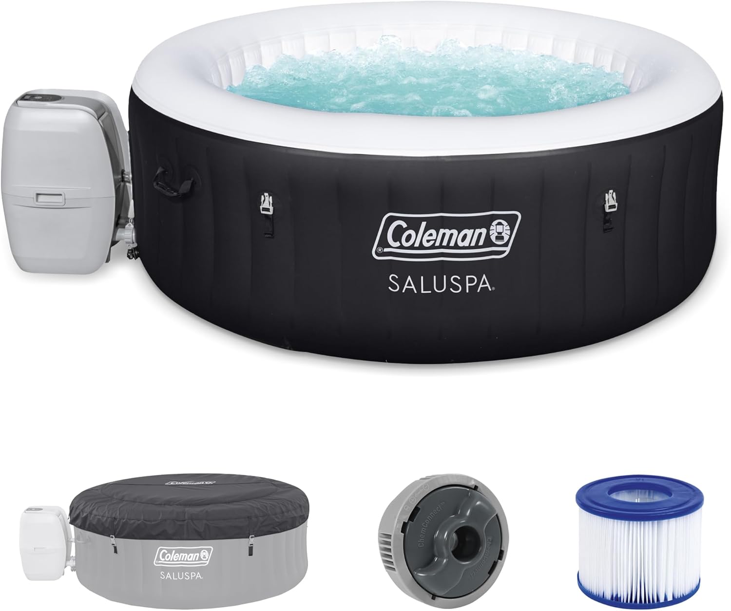 Coleman Ponderosa AirJet 2 to 4 Person Inflatable Hot Tub Round Portable Outdoor Spa w/ 120 AirJets & EnergySense Energy Saving Cover, Orange