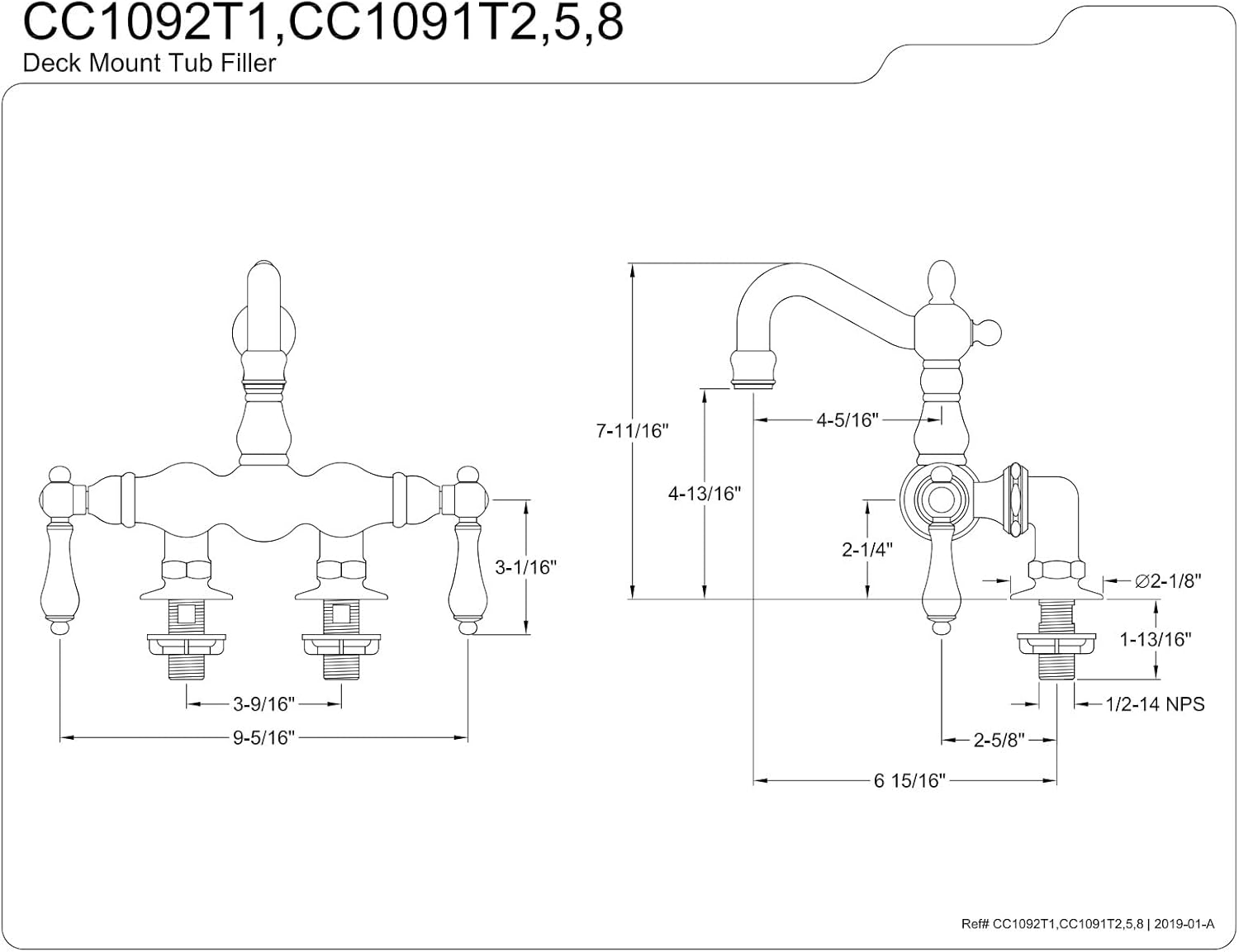 Kingston Brass CC1091T8 Vintage 3-3/8-Inch Deck Mount Tub Faucet, Brushed Nickel