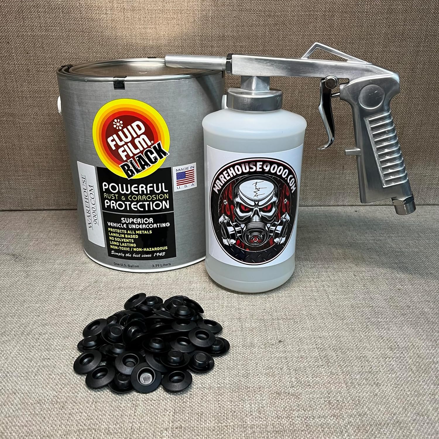 Black FF Lanolin Undercoating Fluid Gallon, Standard Economy Undercoating Spray Gun, 1 White Quart Bottle, and 50 Rust Plugs
