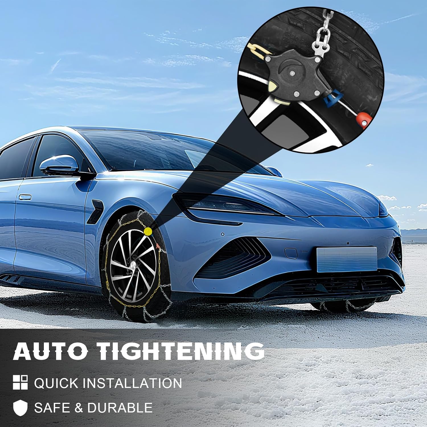 Auto Fixing Snow Chains for Car, SUV & Pickup Trucks – 1-Min Quick Install, Reusable Emergency Tire Chains for Snow & Ice Traction – Set of 2 (HKN120)