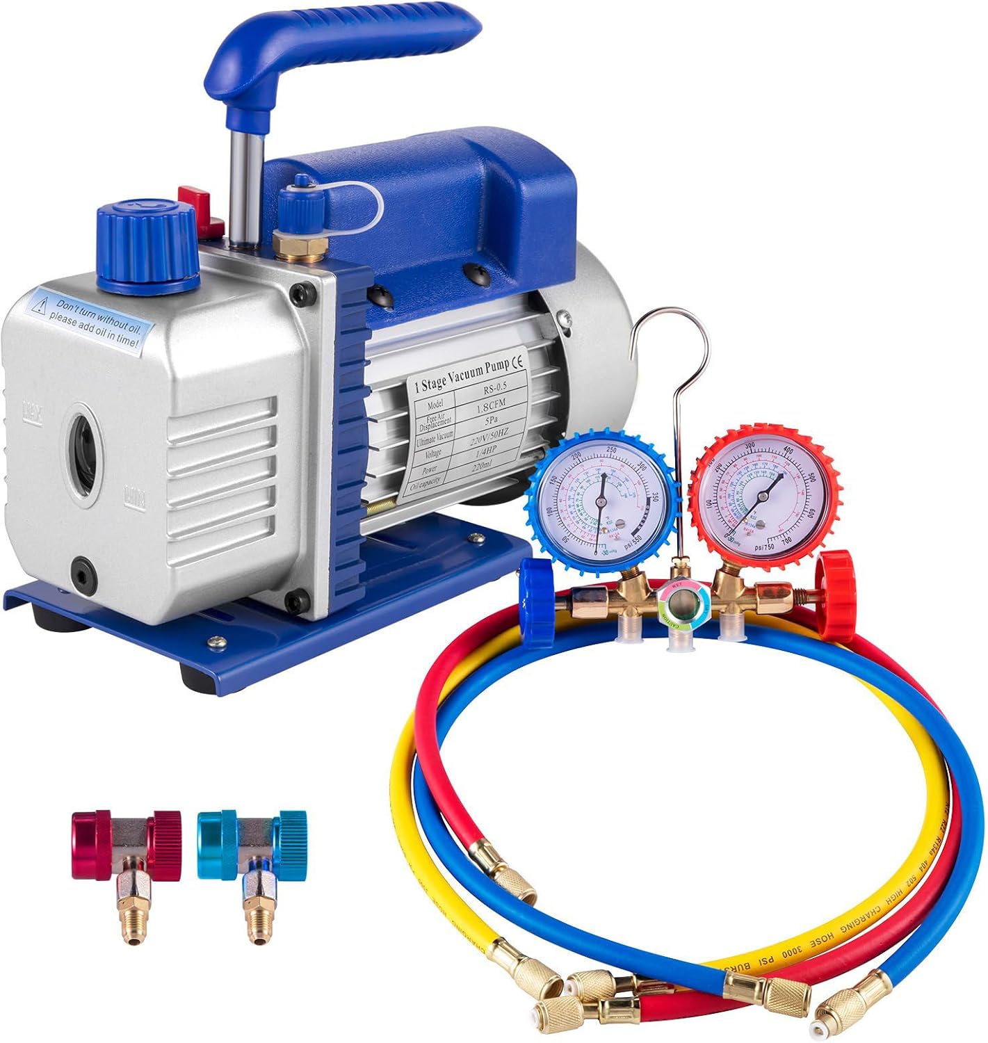 3CFM 1/4HP Single Stage Air Vacuum Pump for HVAC Refrigeration (R134a R410a R22) with AC Manifold Gauge, Can Tap & Carrying Tote