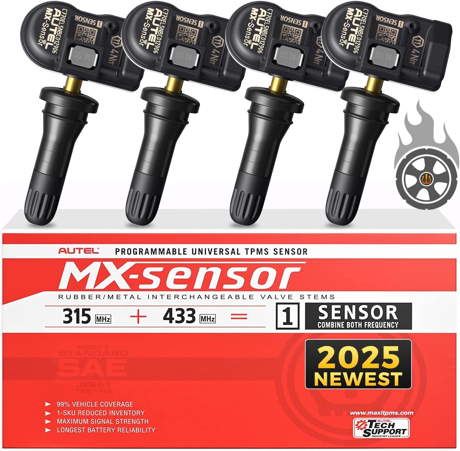 Autel TPMS Sensors Set of 4, MaxiTPMS MX Sensor 315 433Mhz 2in1 Universal Tire Pressure OE Sensors,100% Cloneable by TS408S TS501 PRO TS508 TS508WF MP900TS MS906 PRO-TS (Press-Release Rubber Valve)