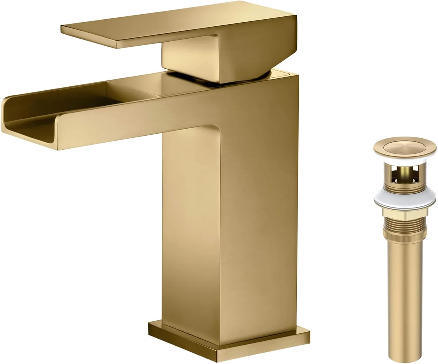KIBI Waterfall Bathroom Faucet | Single Handle High Arc Sink Tap with Solid Brass Body | Corrosion-Resistant, Smooth Water Flow, Stylish Upgrade for Bathrooms (Brushed Gold W/Pop Up Drain)
