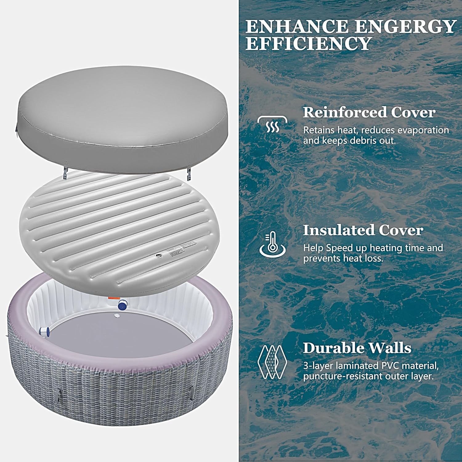 Seizeen 4-6 Person Inflatable Hot Tub, Portable Outdoor Spa Square Hot Tub with 130 Soothing Bubble Jets, Insulated Cover and 6 Filters, Max 104℉ Blow Up Hot Tubs for Home Backyard (Wood Grain)