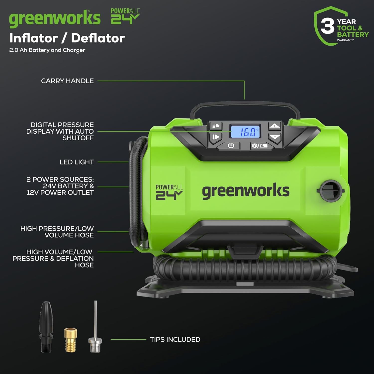 Greenworks 24V Cordless Tire Inflator, 160 PSI Portable Air Compressor, 2 Power Sources, Auto Shut Off, for Car, Bicycle, Motorcycle, Air Boat, Inflatables With 2.0 Ah Battery & 2A Charger